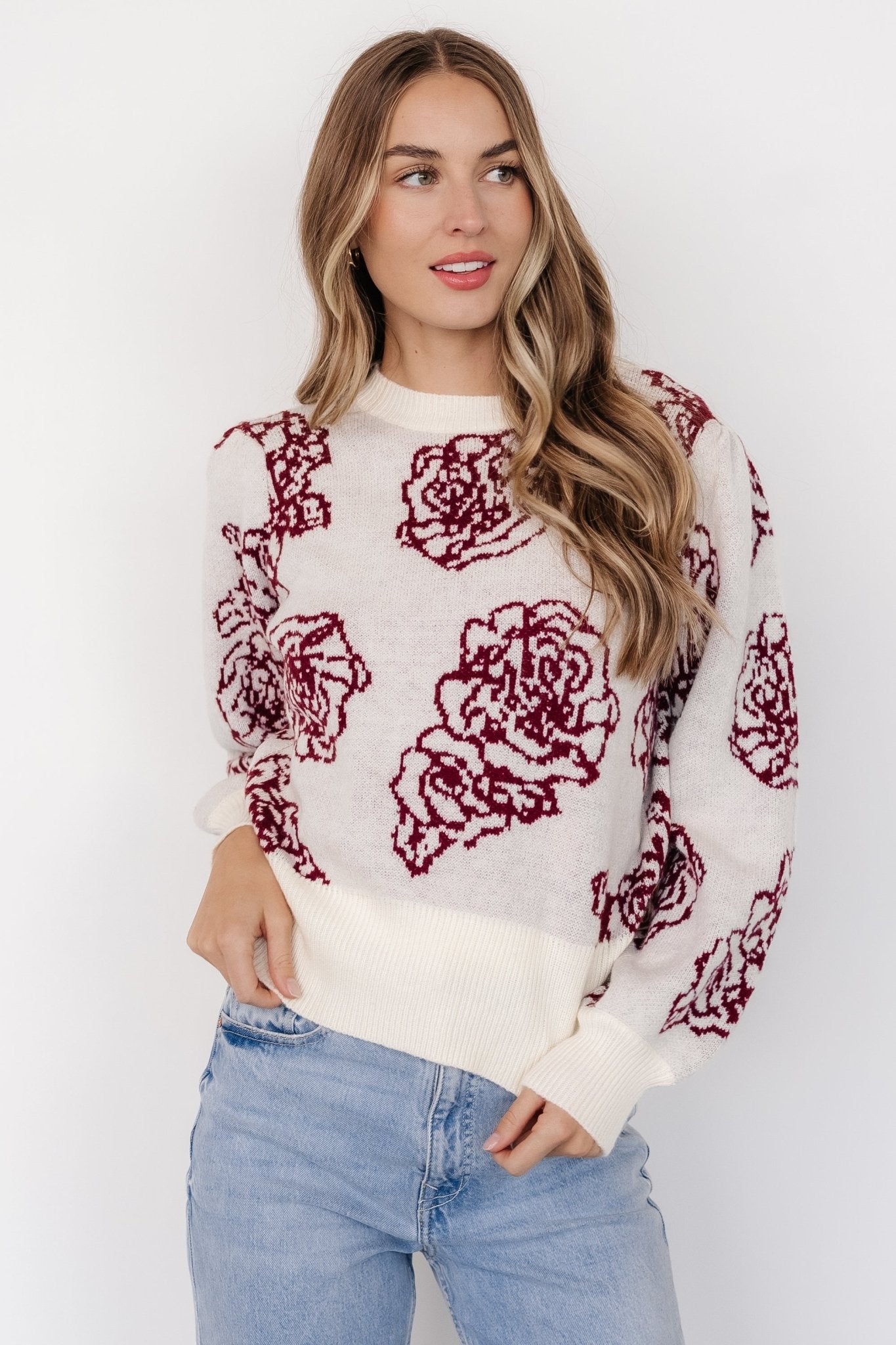 Floral Sweater for Women | Off White & Burgundy | Soft Stretch Fabric