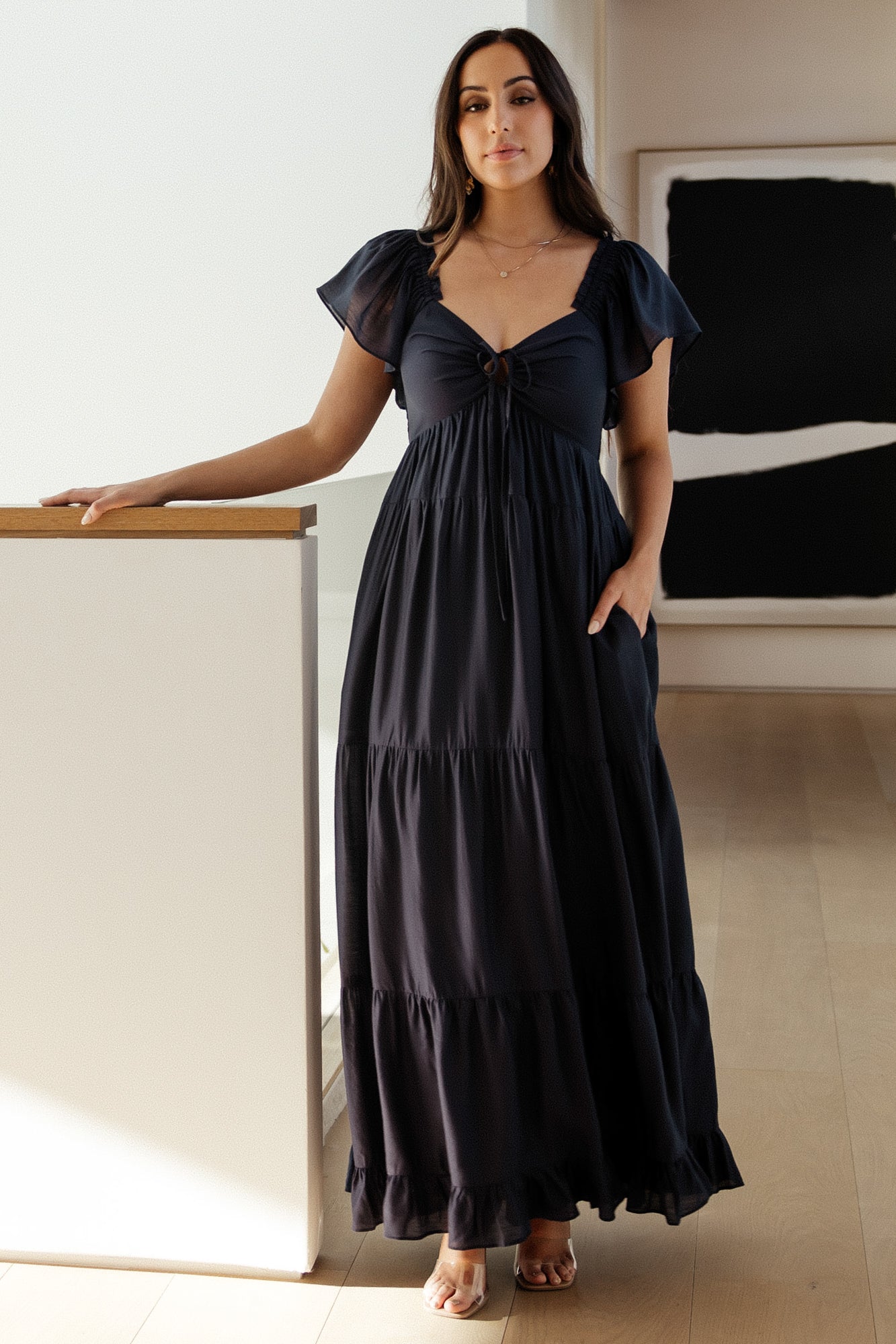 V-Neck Maxi Dress with Ruffle Sleeves & Smocked Back | Baltic Born