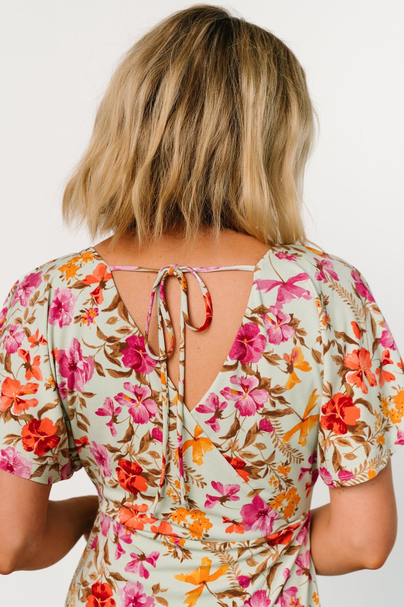 Sage Floral Midi Dress with Surplice Back & Flutter Sleeves | Baltic Born