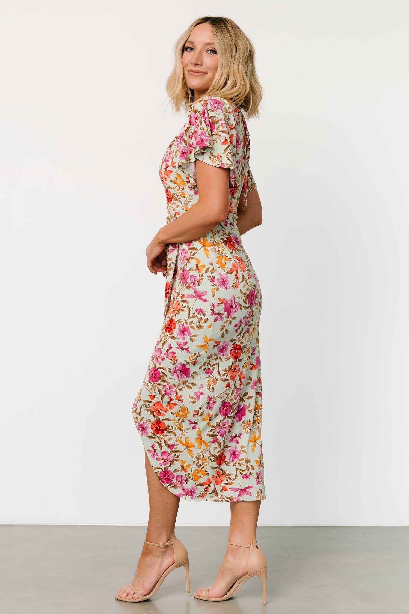 Sage Floral Midi Dress with Surplice Back & Flutter Sleeves | Baltic Born