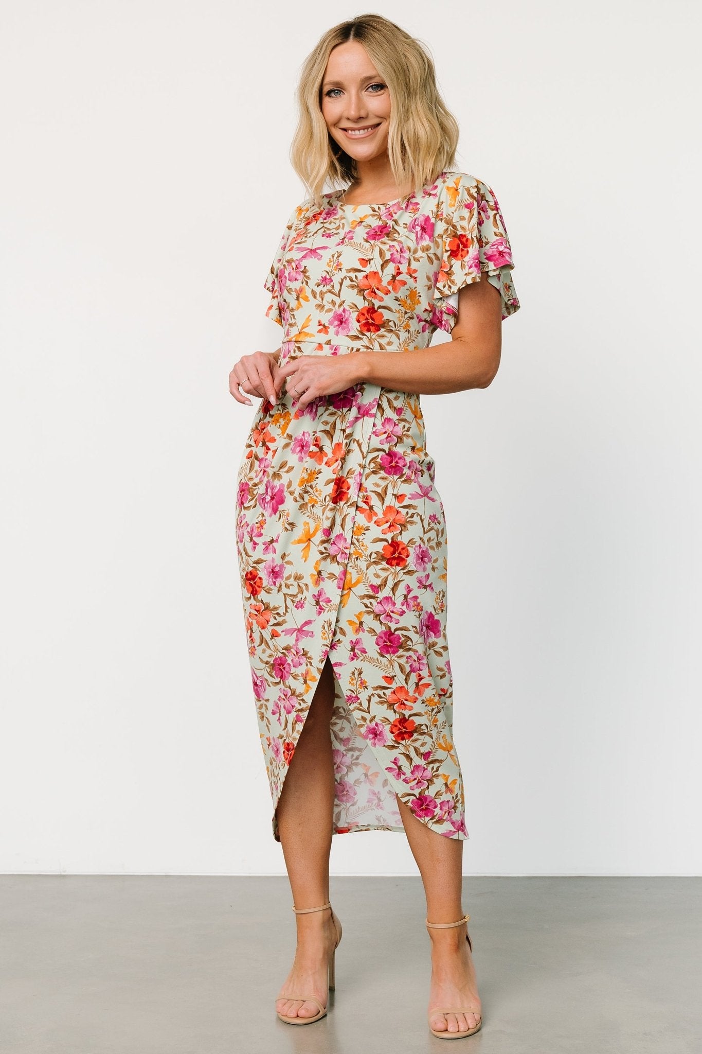 Sage Floral Midi Dress with Surplice Back & Flutter Sleeves | Baltic Born
