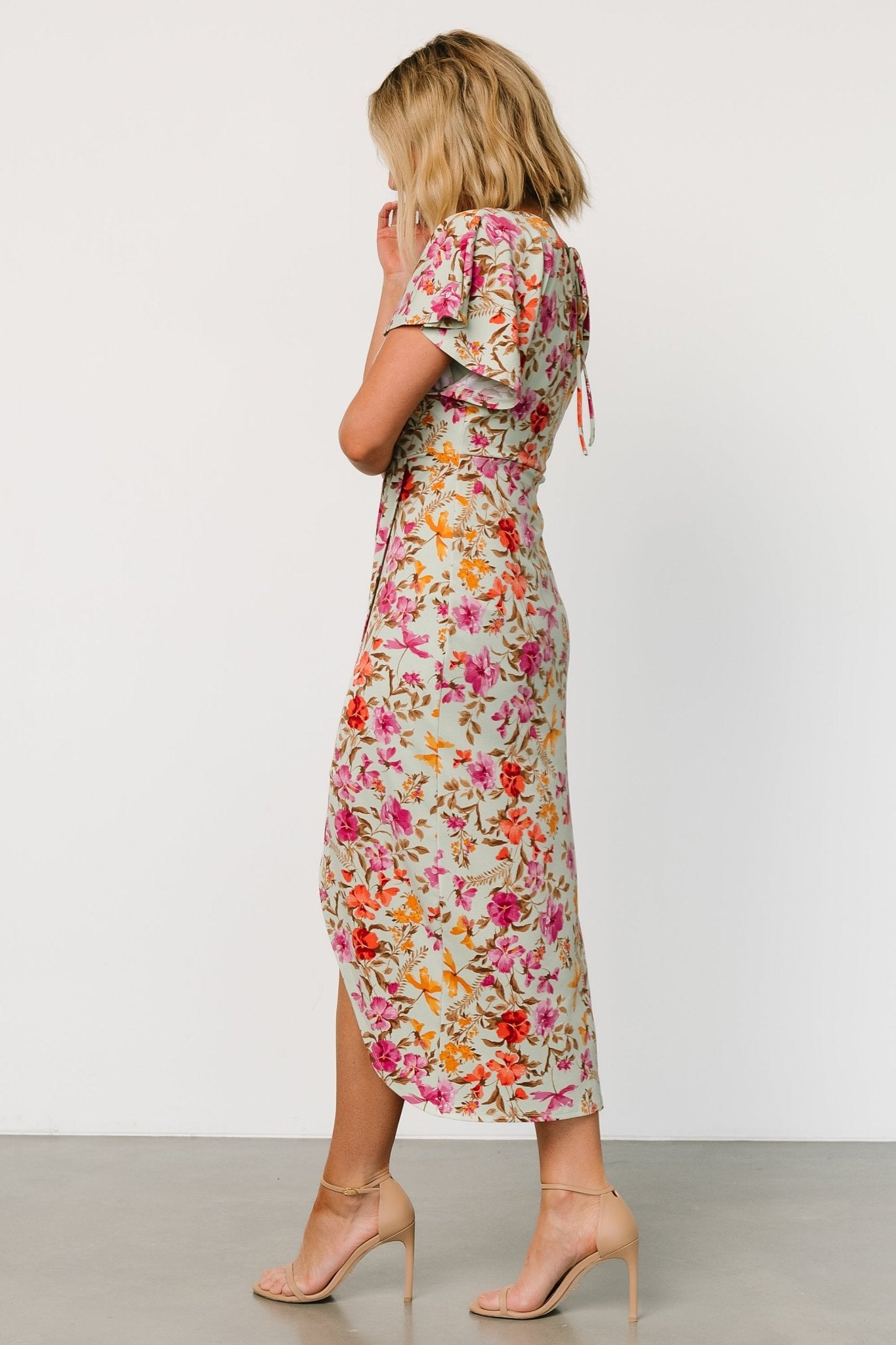 Sage Floral Midi Dress with Surplice Back & Flutter Sleeves | Baltic Born
