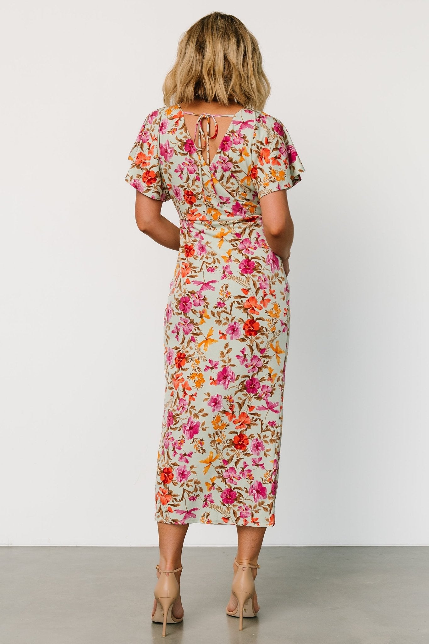 Sage Floral Midi Dress with Surplice Back & Flutter Sleeves | Baltic Born