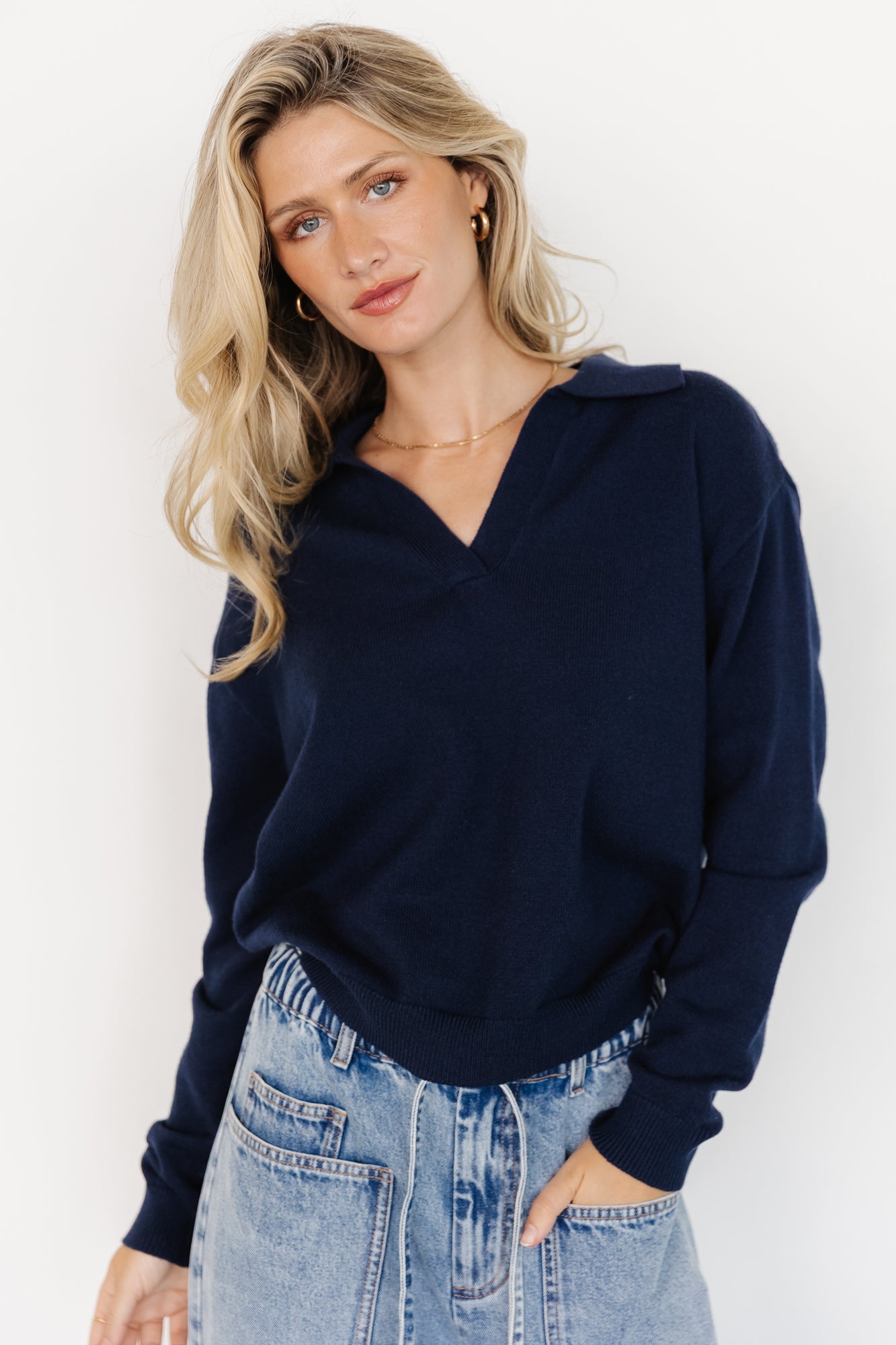 Soft Lightweight Sweater with Rugby Collar & Dropped Shoulder | Bodhi Navy