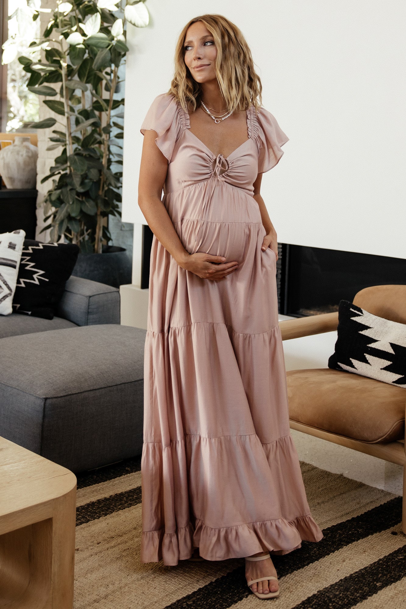 V-Neck Maxi Dress with Ruffle Sleeves & Smocked Back | Agatha