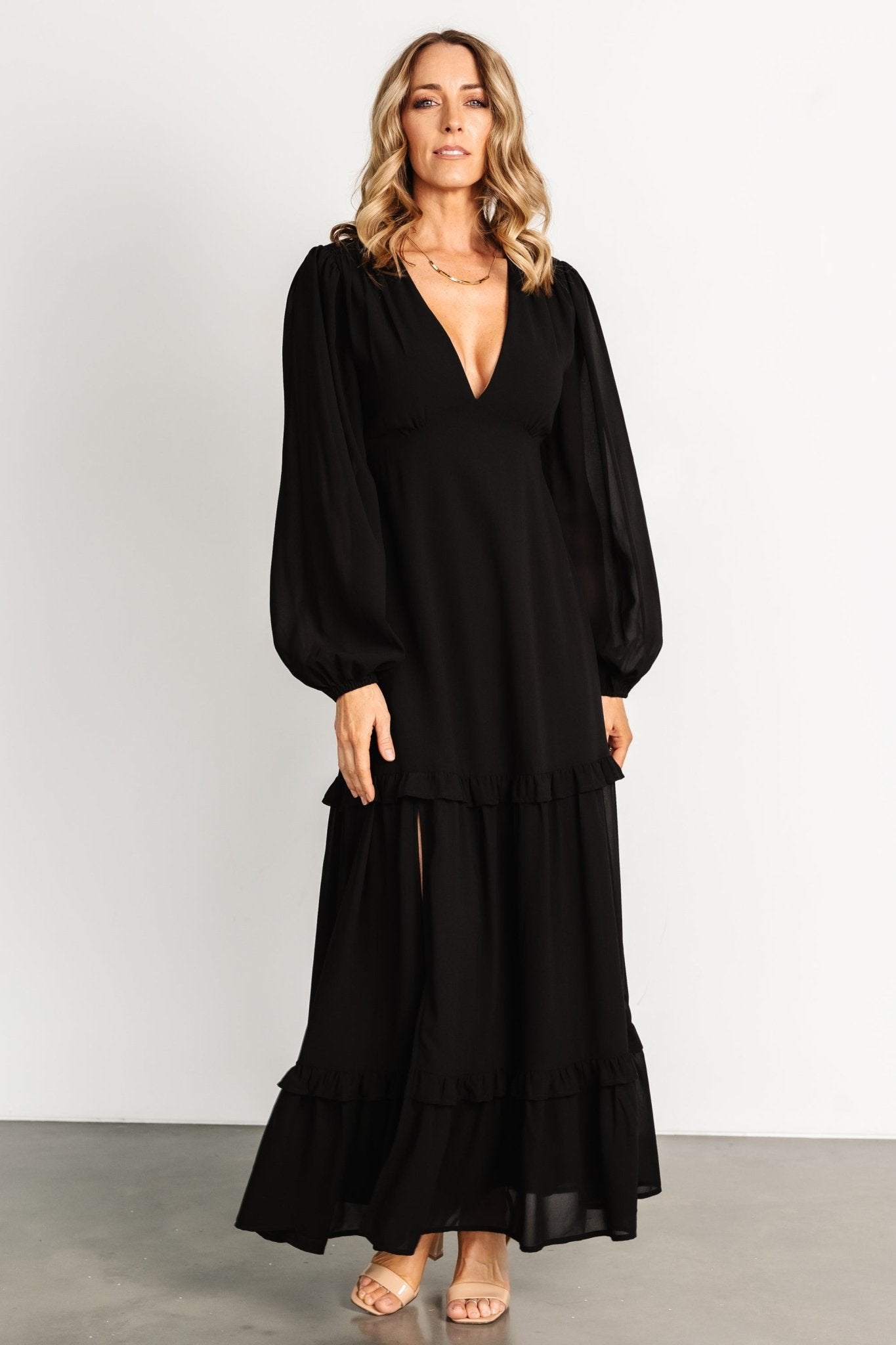 Deep V-Neck Maxi Dress with Long Sleeves & Ruffle Skirt | Baltic Born