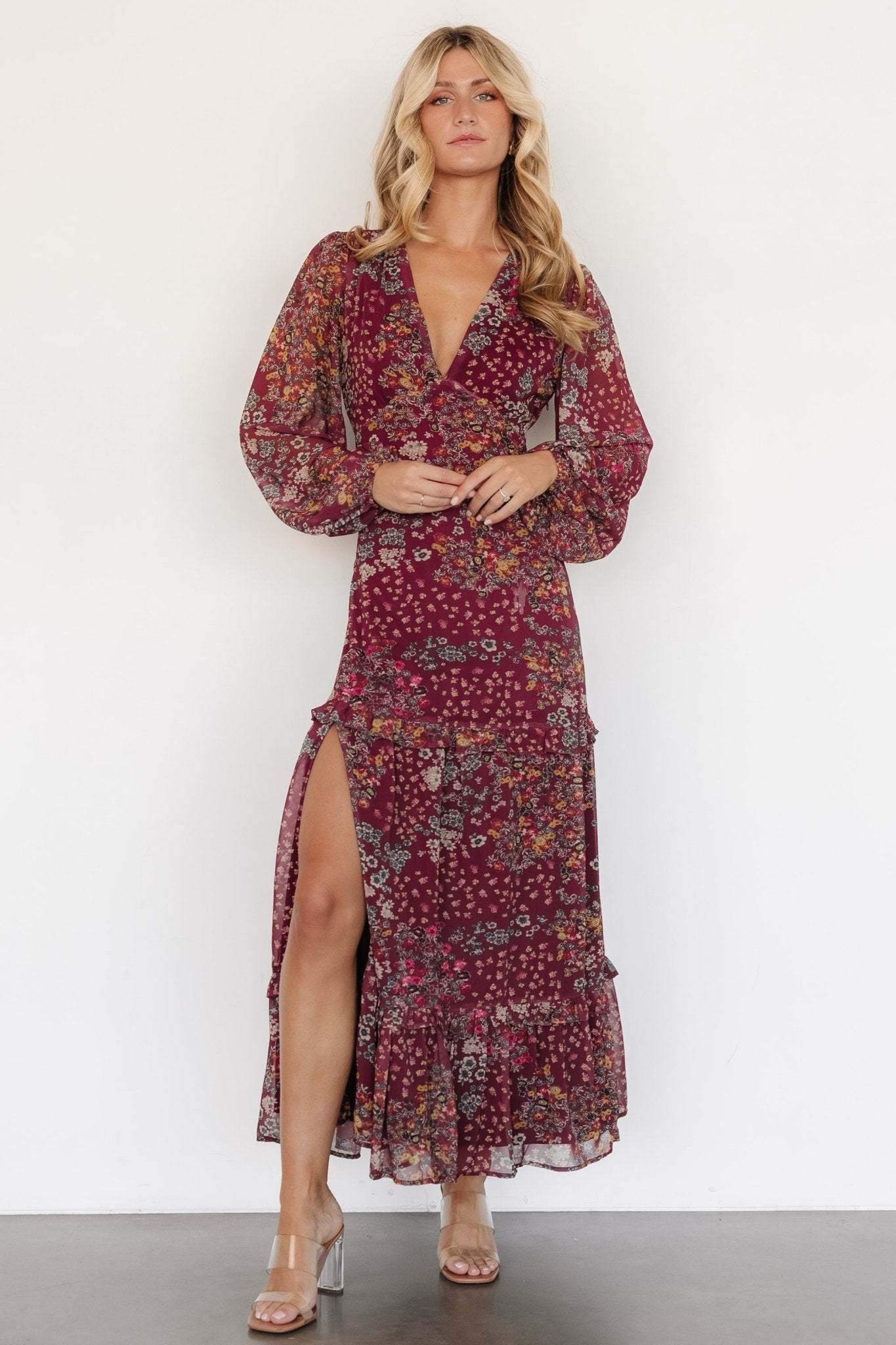 Floral Chiffon Maxi Dress with Deep V-Neck & Leg Slit | Bowman