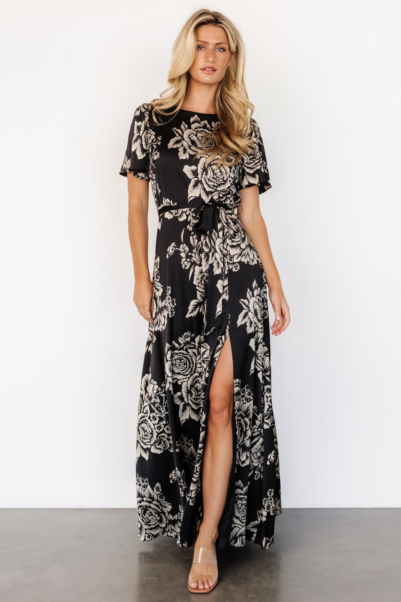 Floral Satin Maxi Dress with Belt & Slit | Agnes Black & Cream
