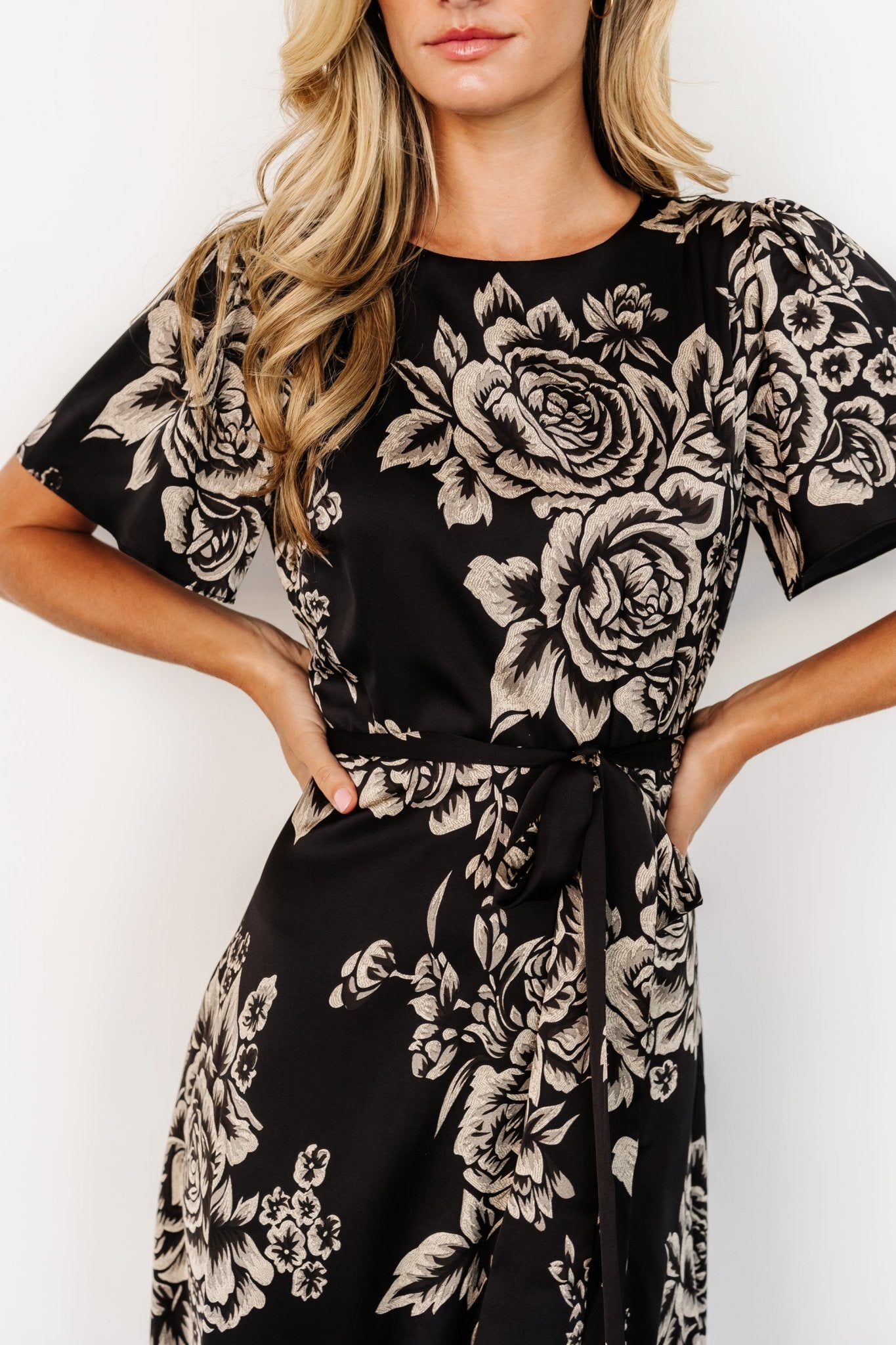 Floral Satin Maxi Dress with Belt & Slit | Agnes Black & Cream