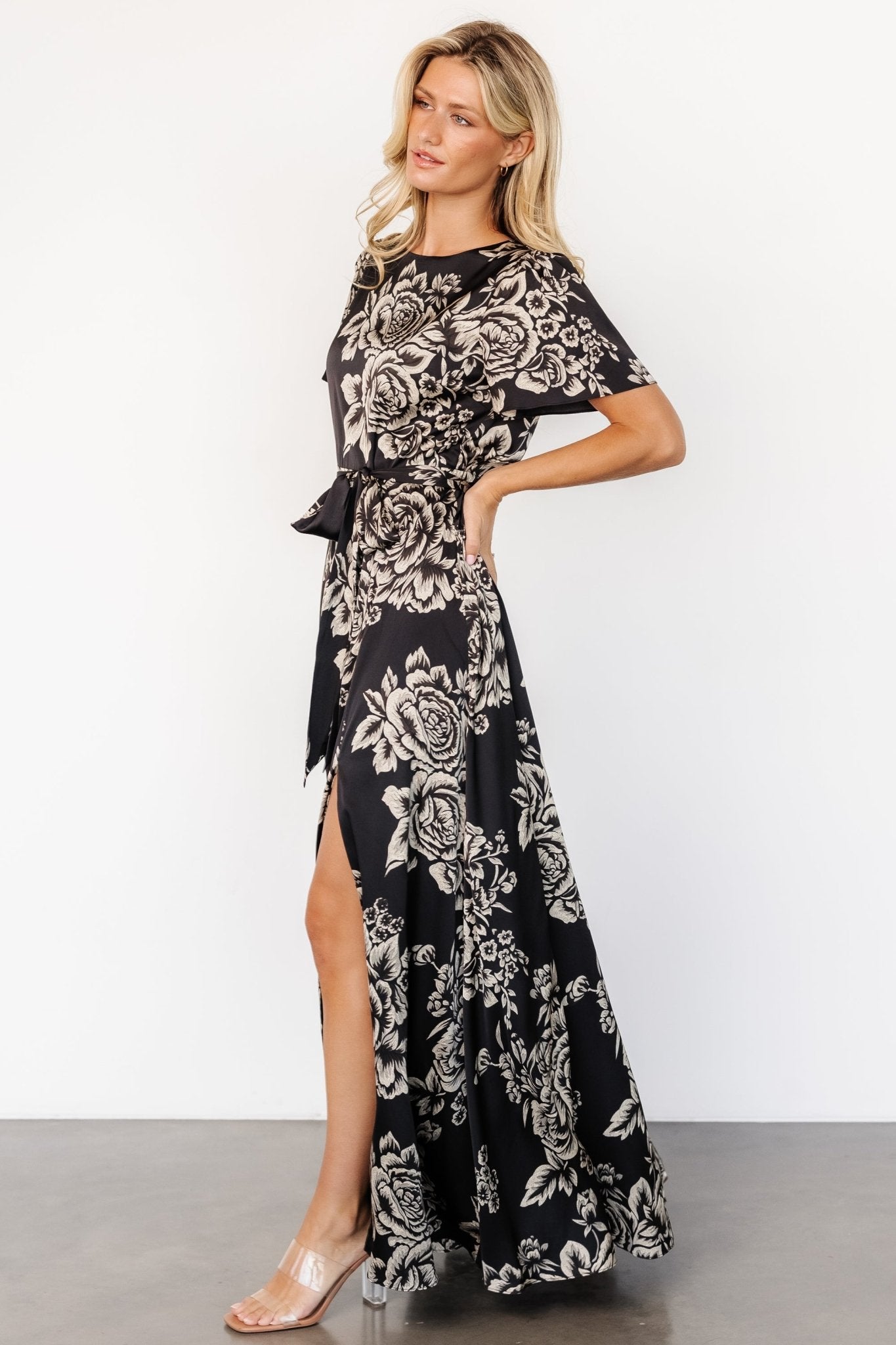 Floral Satin Maxi Dress with Belt & Slit | Agnes Black & Cream