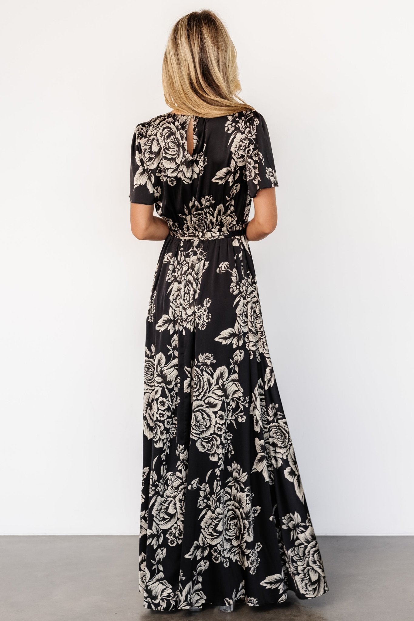 Floral Satin Maxi Dress with Belt & Slit | Agnes Black & Cream