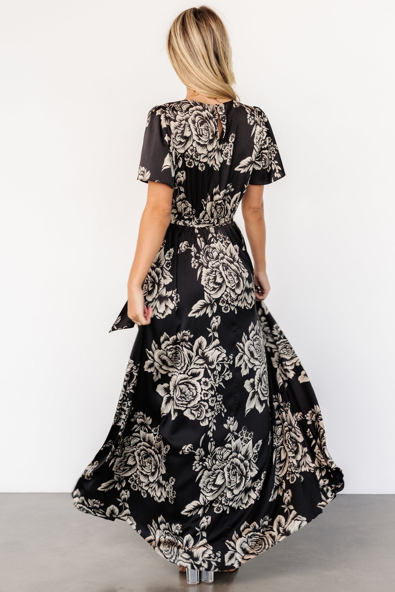 Floral Satin Maxi Dress with Belt & Slit | Agnes Black & Cream