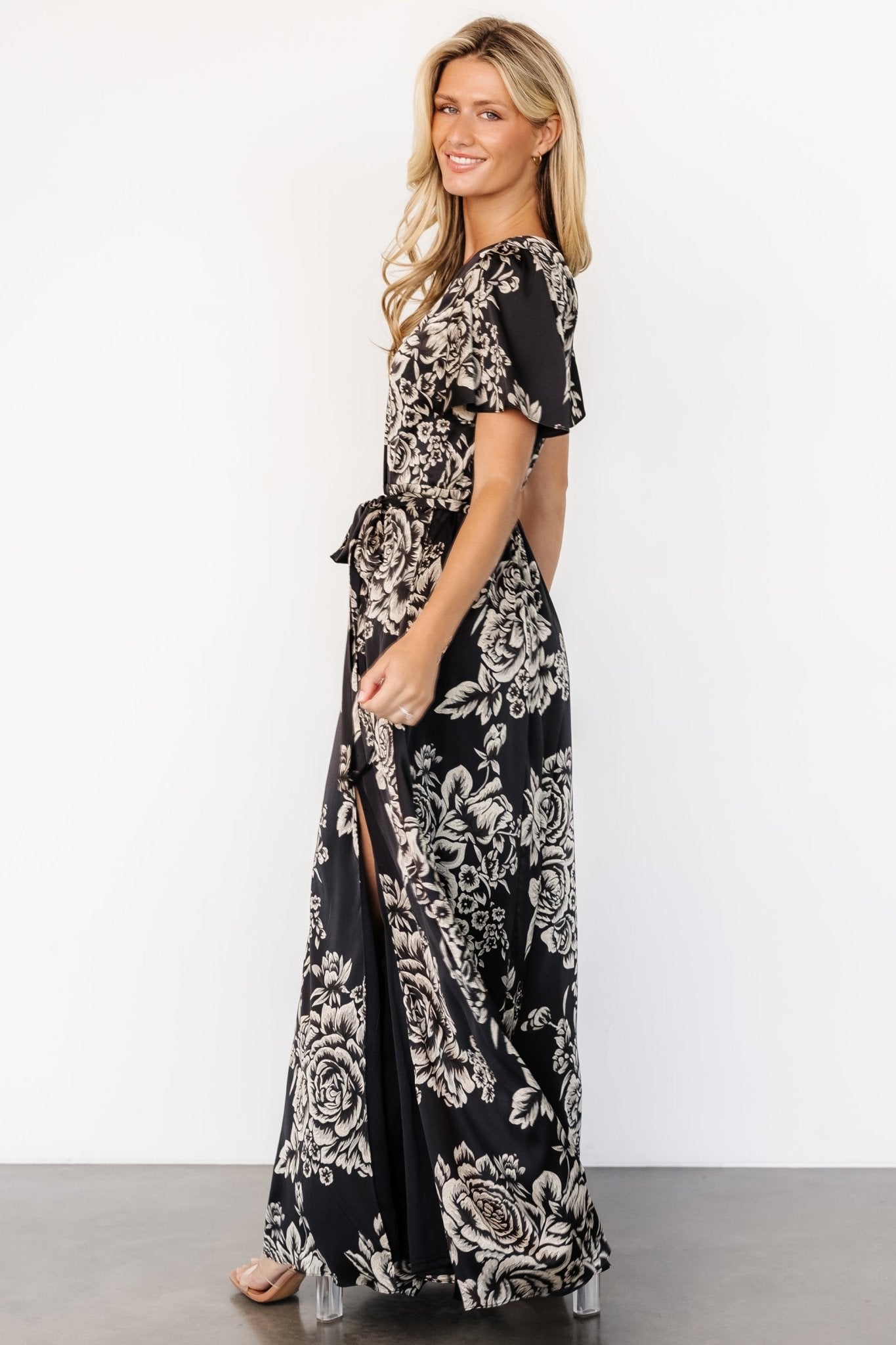 Floral Satin Maxi Dress with Belt & Slit | Agnes Black & Cream