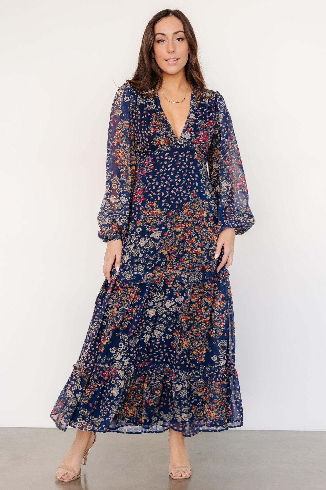 Floral Maxi Dress with Deep V-Neck & Long Sleeves | Bowman