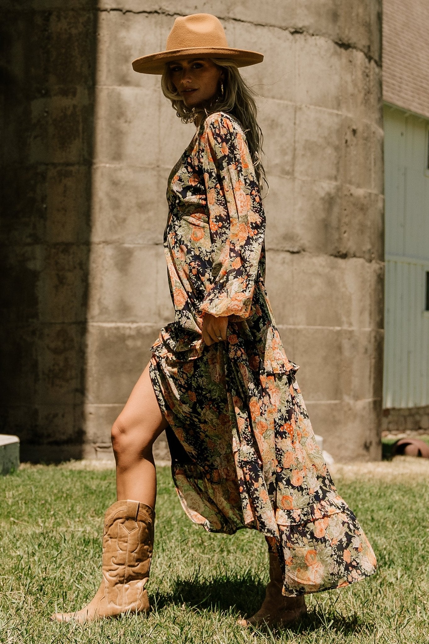 Navy Floral Deep V Maxi Dress with Ruffle Tiered Skirt | Baltic Born