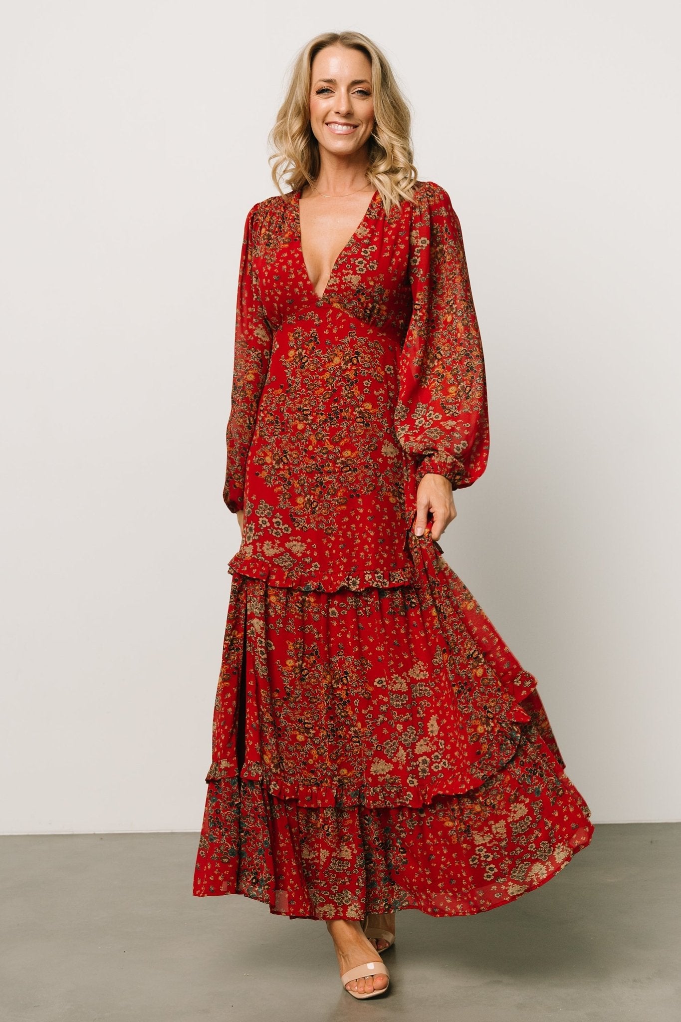 Red Floral Chiffon Maxi Dress with Deep V-Neck & Leg Slit | Baltic Born