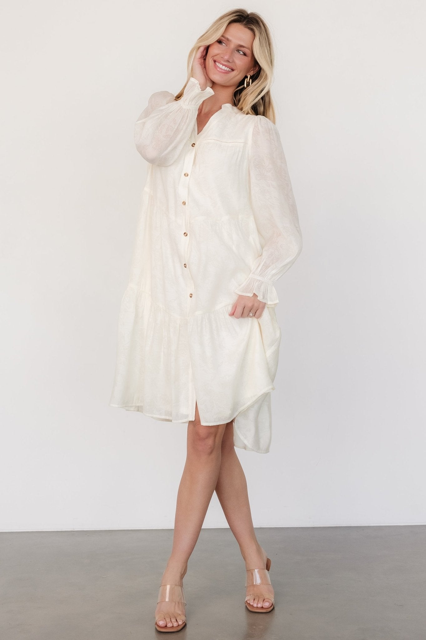 Cream Button Midi Dress with Side Pockets | Brenna
