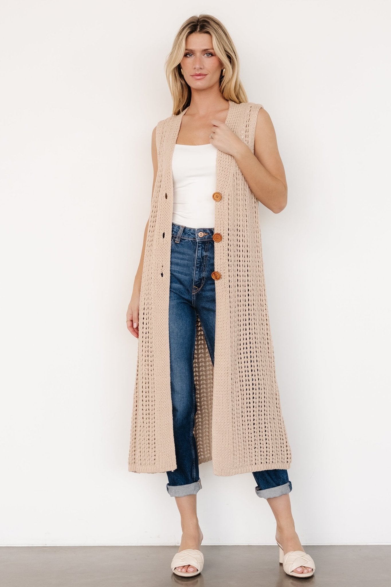 Chunky Knit Duster Vest for Layering | Natural Open Knit | Bretta
