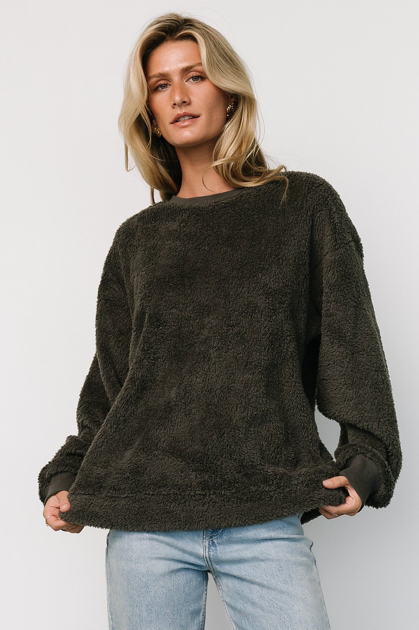 Cozy Teddy Crewneck Sweater for Women | Brina Charcoal Gray