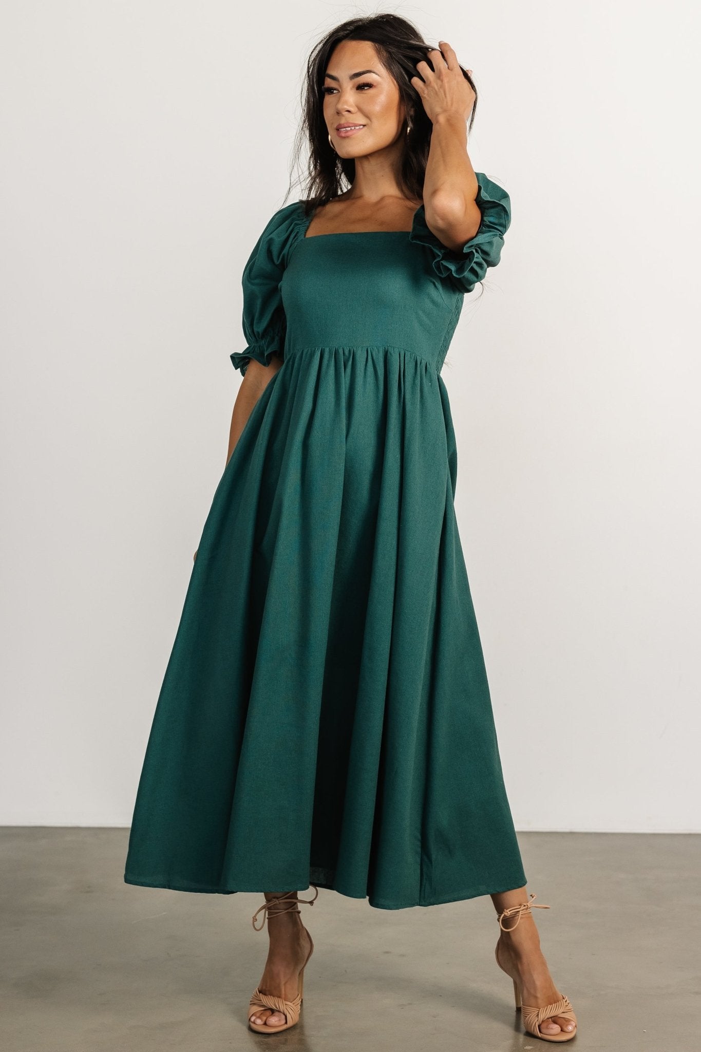 Green Linen Blend Midi Dress with Pockets | Baltic Born