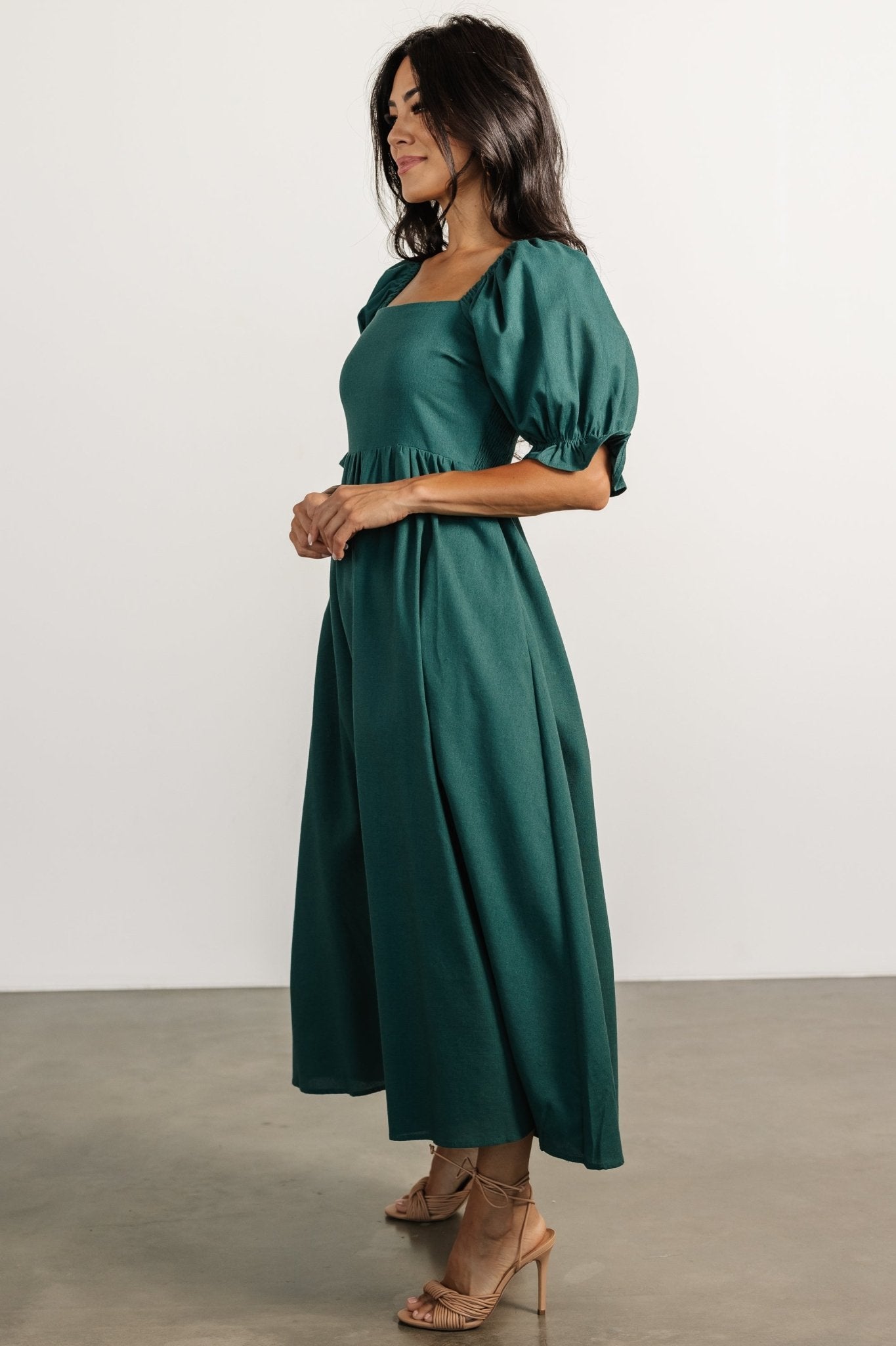 Green Linen Blend Midi Dress with Pockets | Baltic Born
