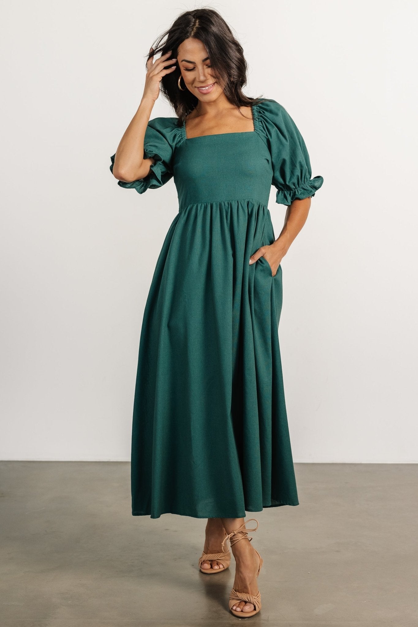 Green Linen Blend Midi Dress with Pockets | Baltic Born