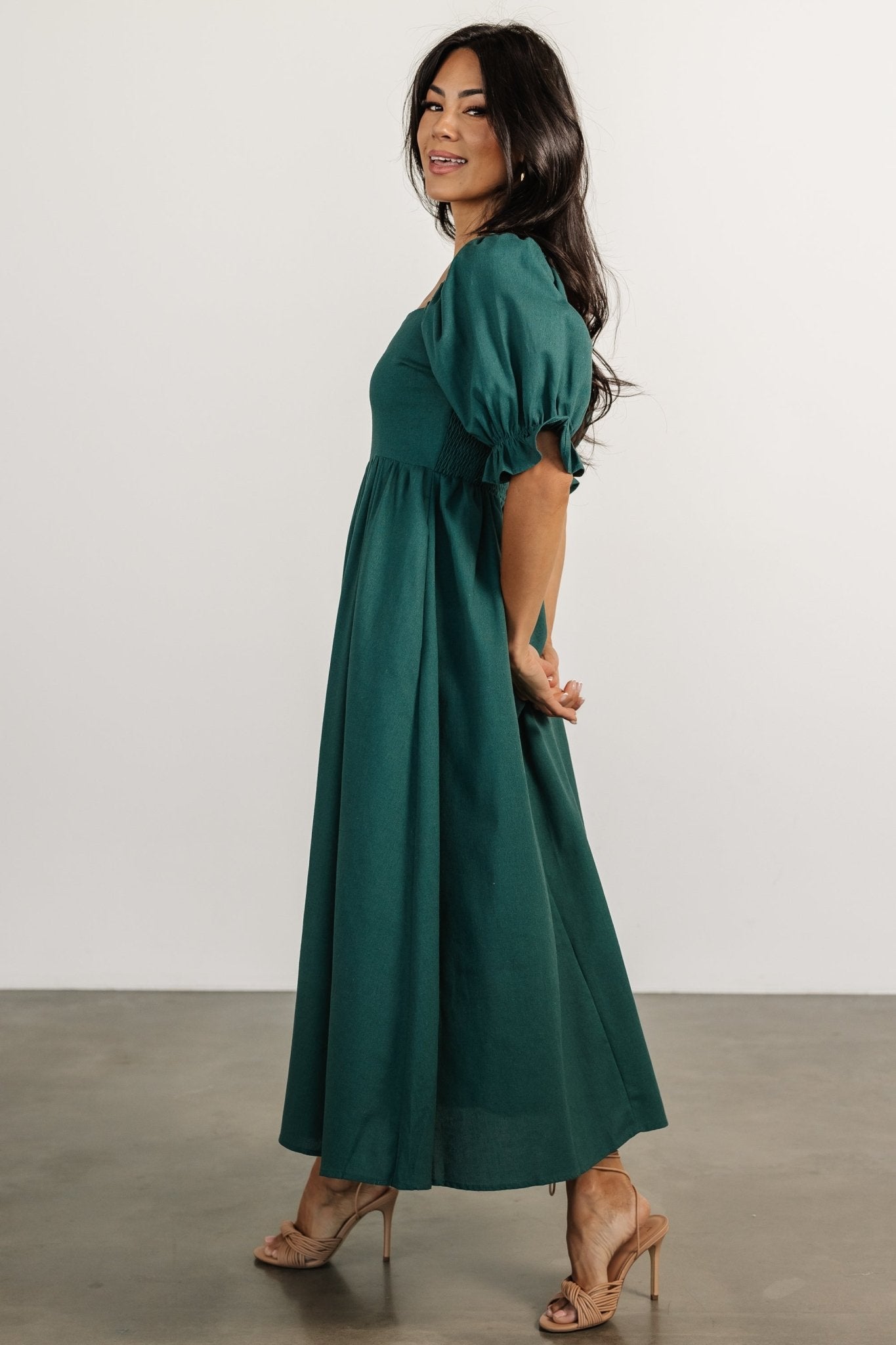 Green Linen Blend Midi Dress with Pockets | Baltic Born