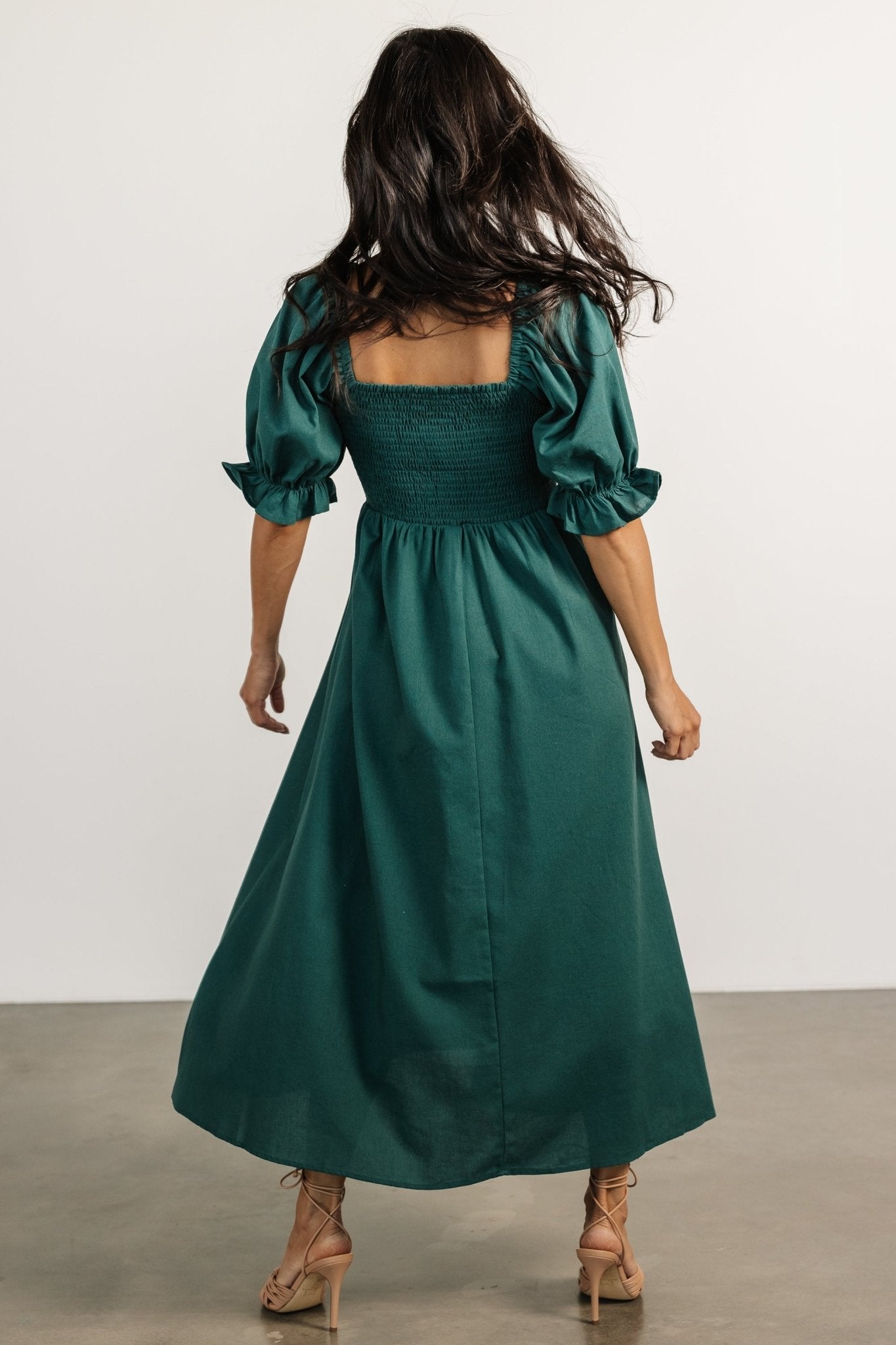 Green Linen Blend Midi Dress with Pockets | Baltic Born