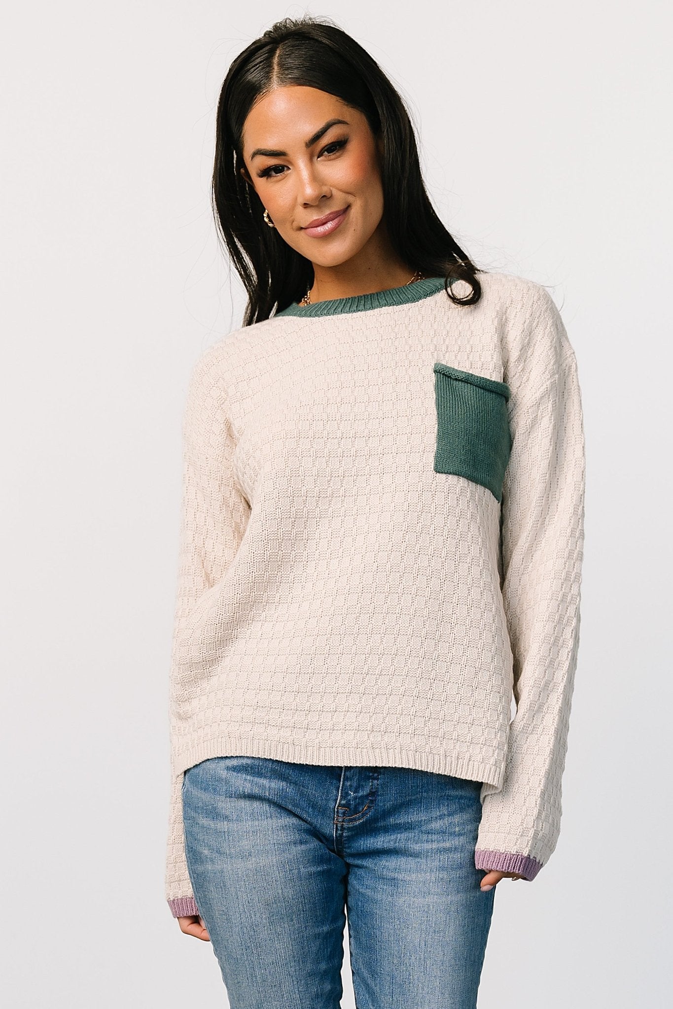 Oatmeal Knit Sweater with Ribbed Cuffs & Chest Pocket | Brixton Weave