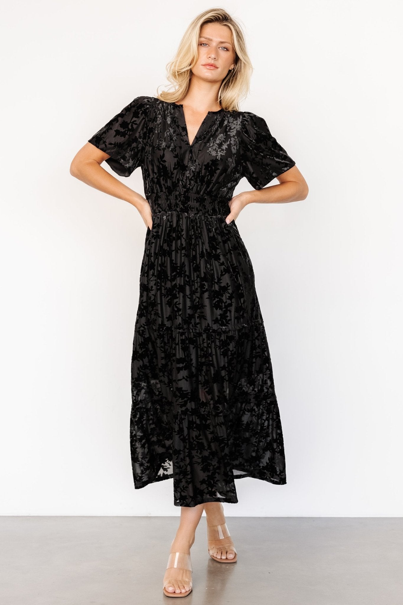 Black Velvet Dress with Flutter Sleeves & Pockets | Bronwyn