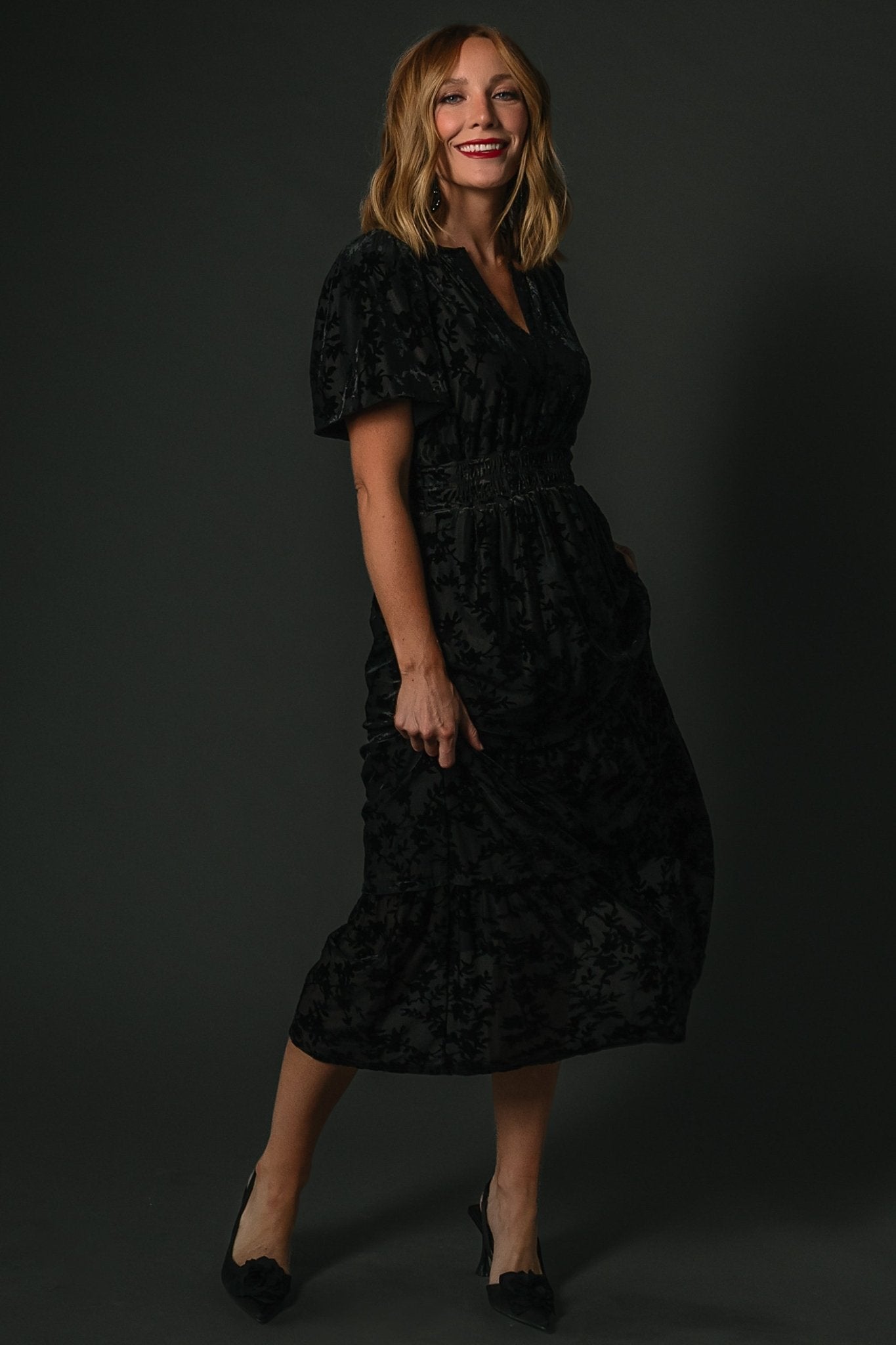 Black Velvet Dress with Flutter Sleeves & Pockets | Bronwyn
