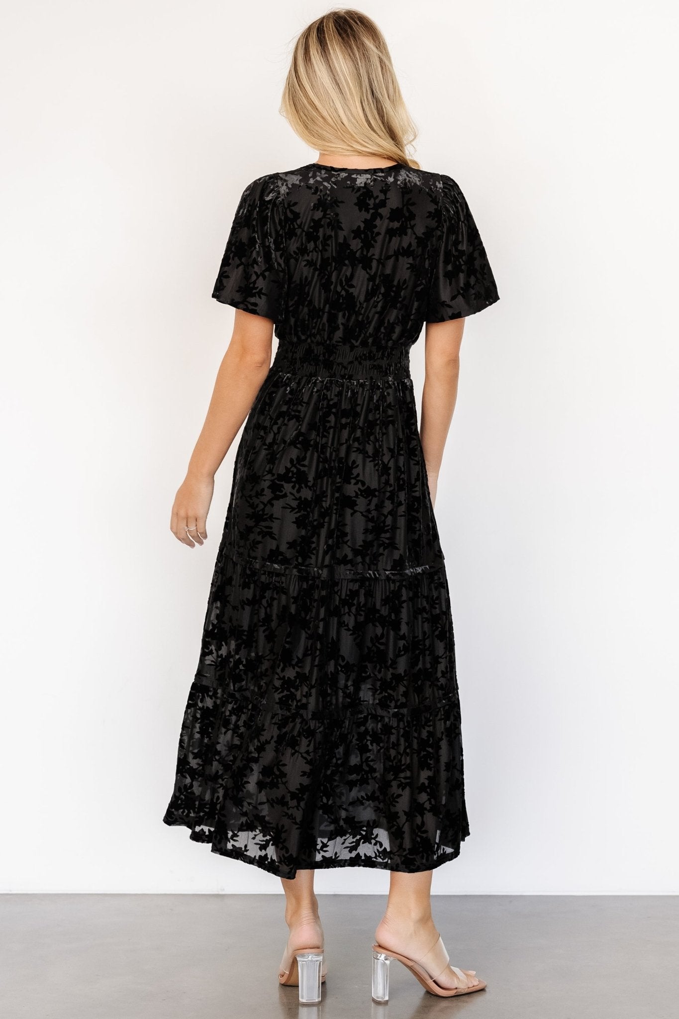 Black Velvet Dress with Flutter Sleeves & Pockets | Bronwyn