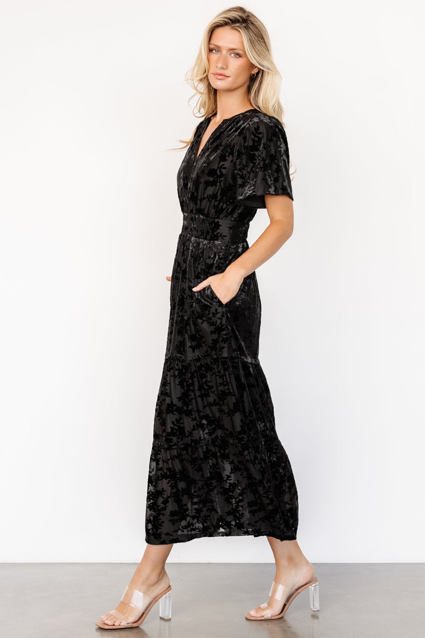 Black Velvet Dress with Flutter Sleeves & Pockets | Bronwyn