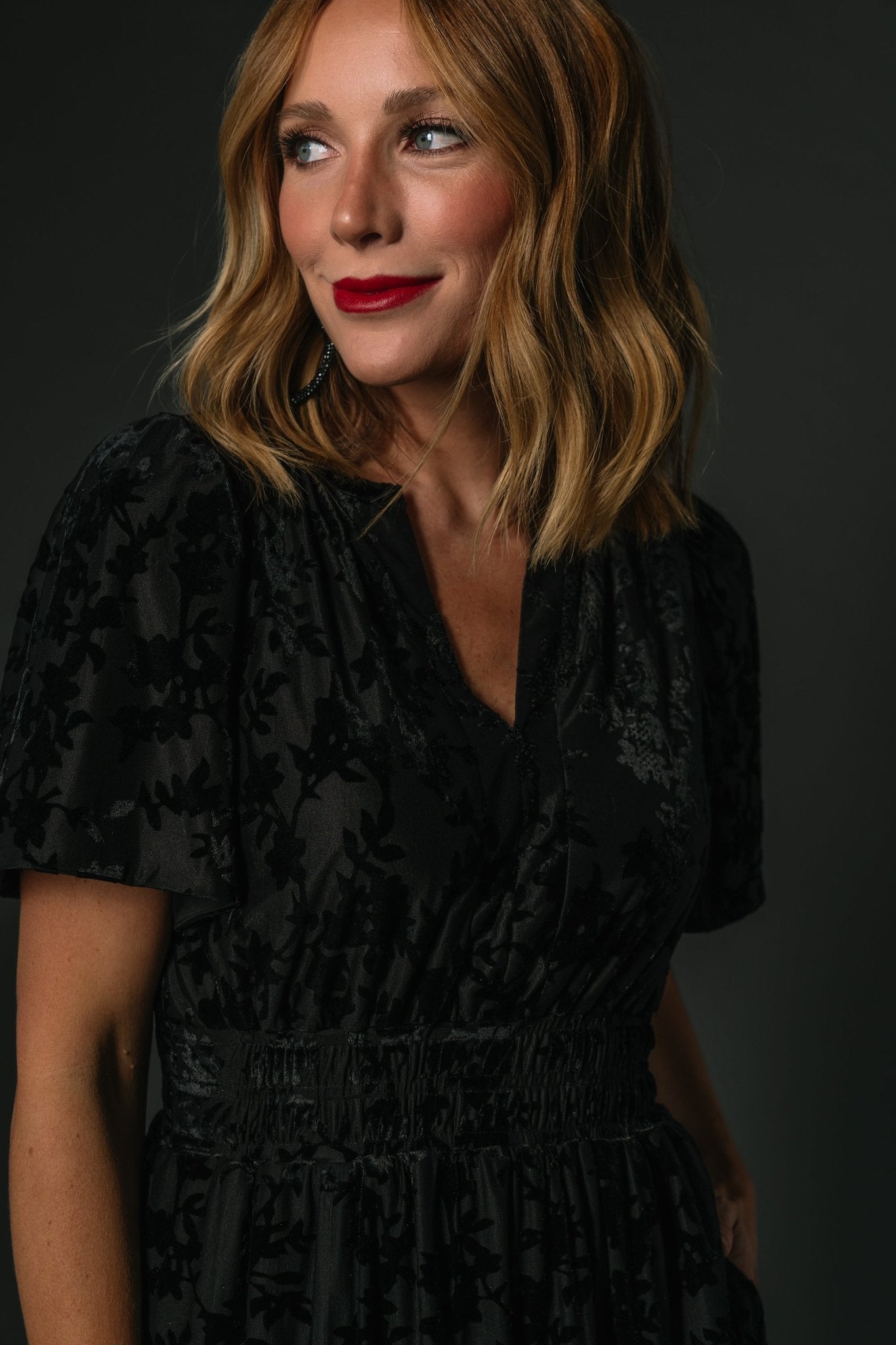 Black Velvet Dress with Flutter Sleeves & Pockets | Bronwyn