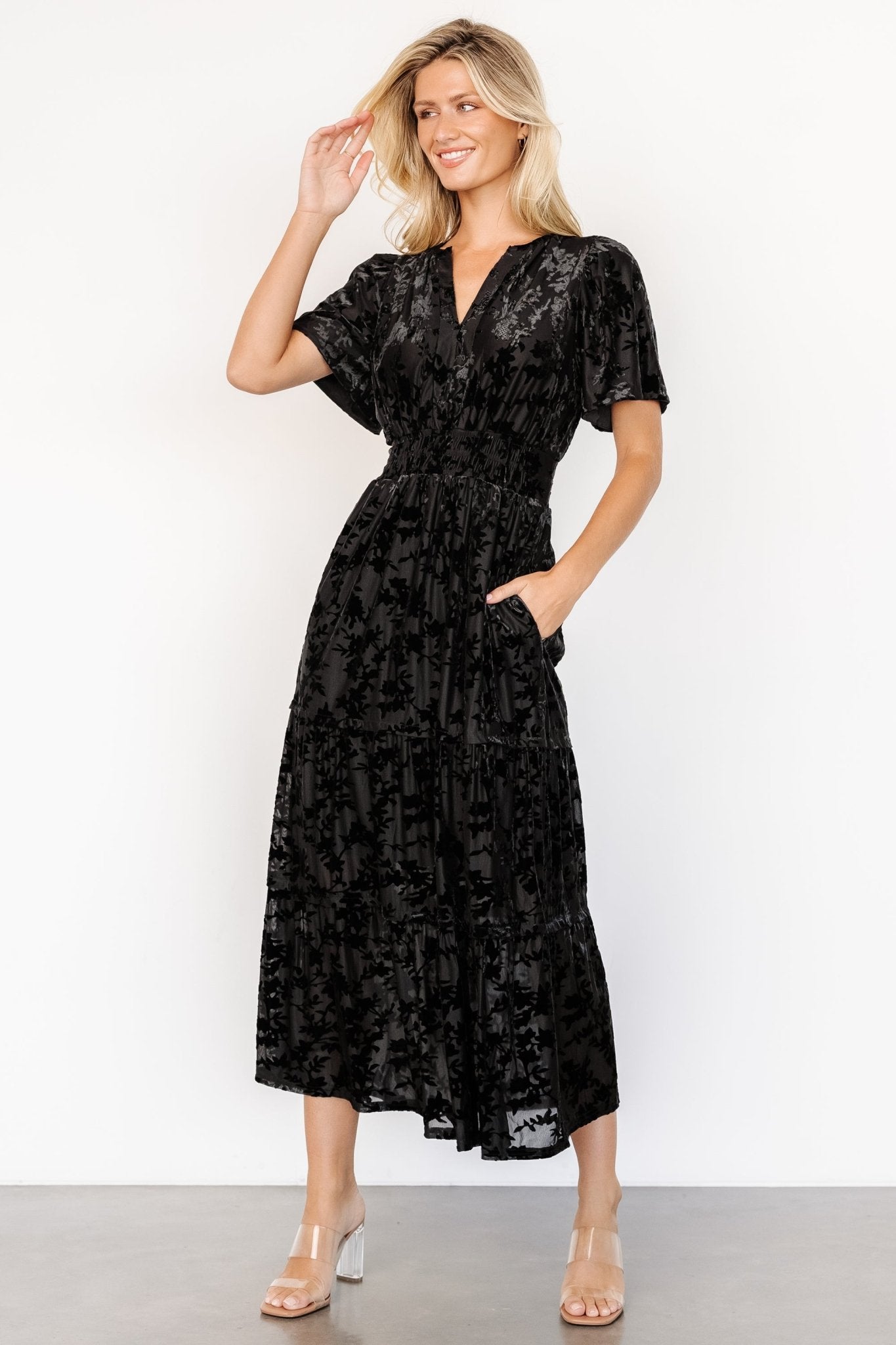 Black Velvet Dress with Flutter Sleeves & Pockets | Bronwyn
