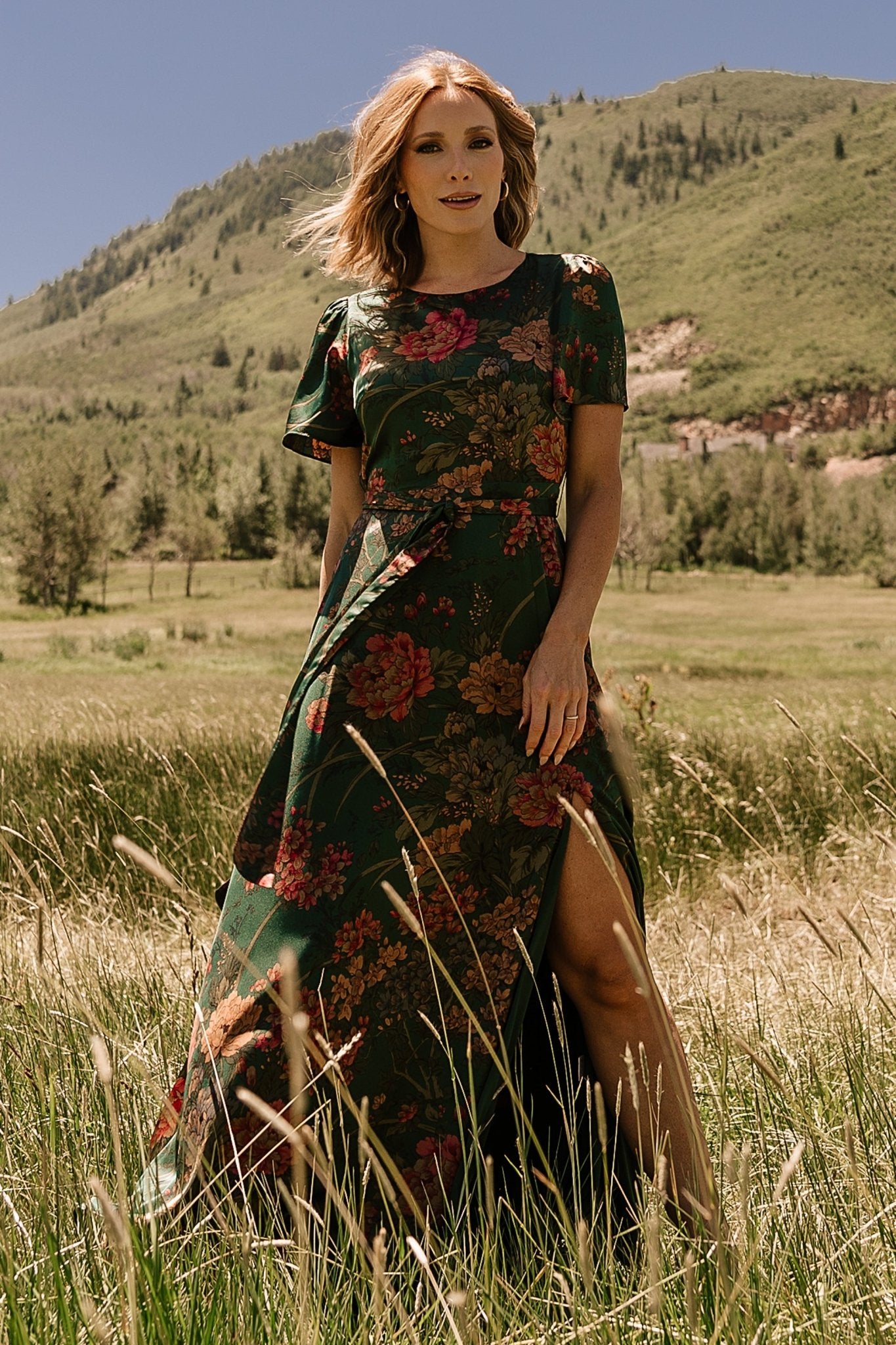 Dark Green Floral Satin Maxi Dress with Slit & Belt Tie | Baltic Born