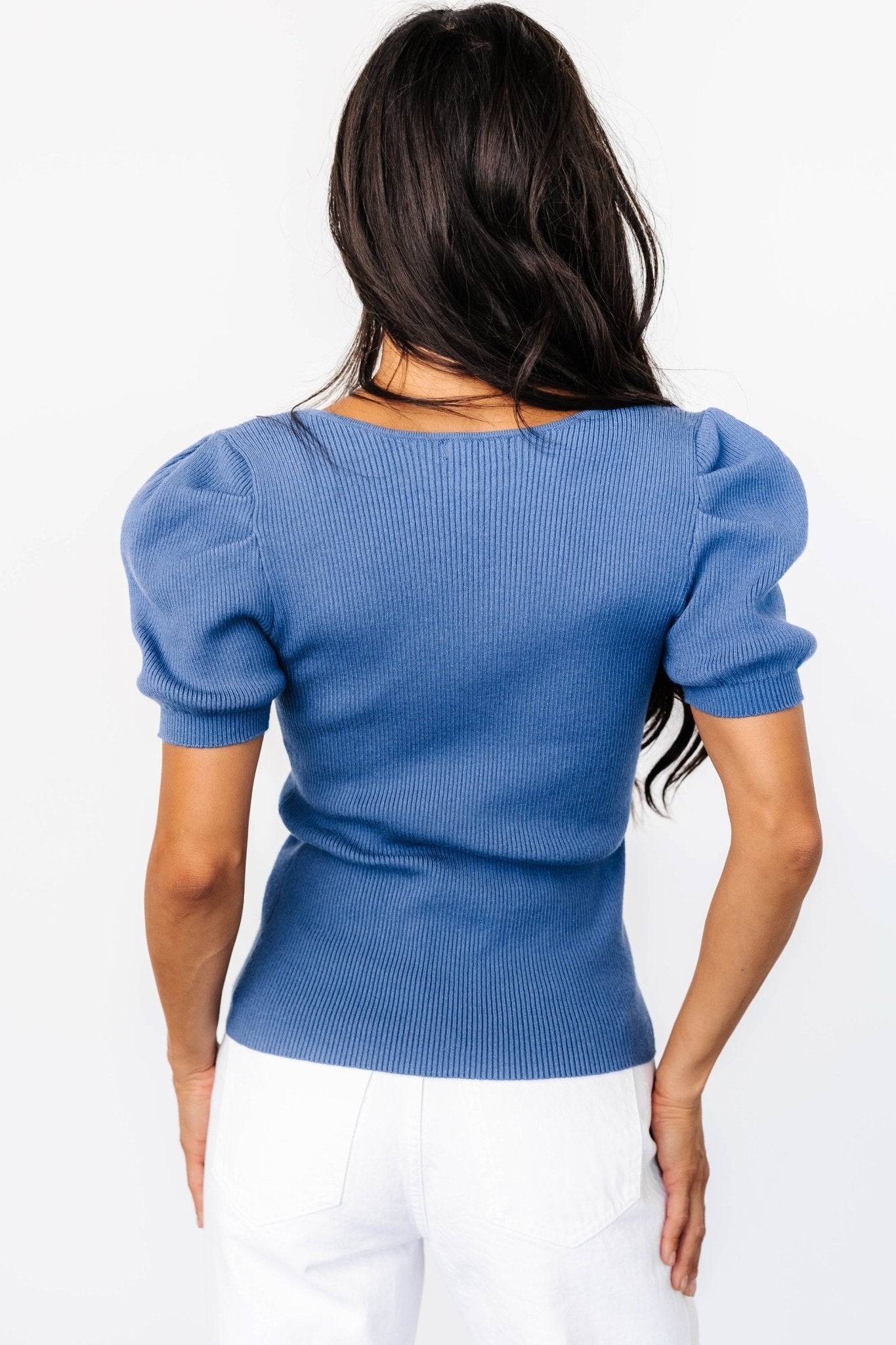 Lightweight Stretch Sweater Top with Puffed Sleeves | Brynlee