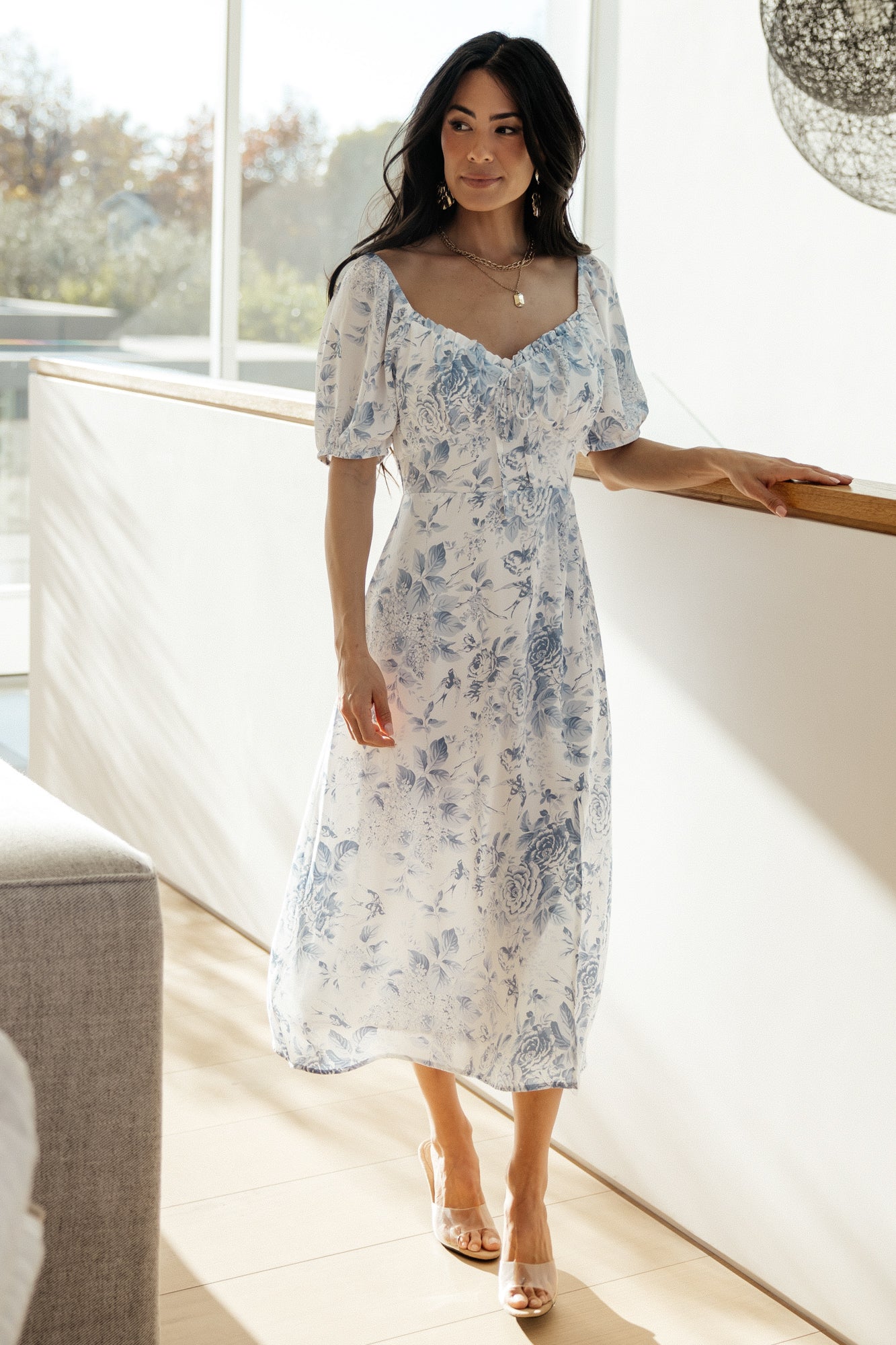 Blue Floral Midi Dress with Sweetheart Neckline & Smocked Back | Baltic Born