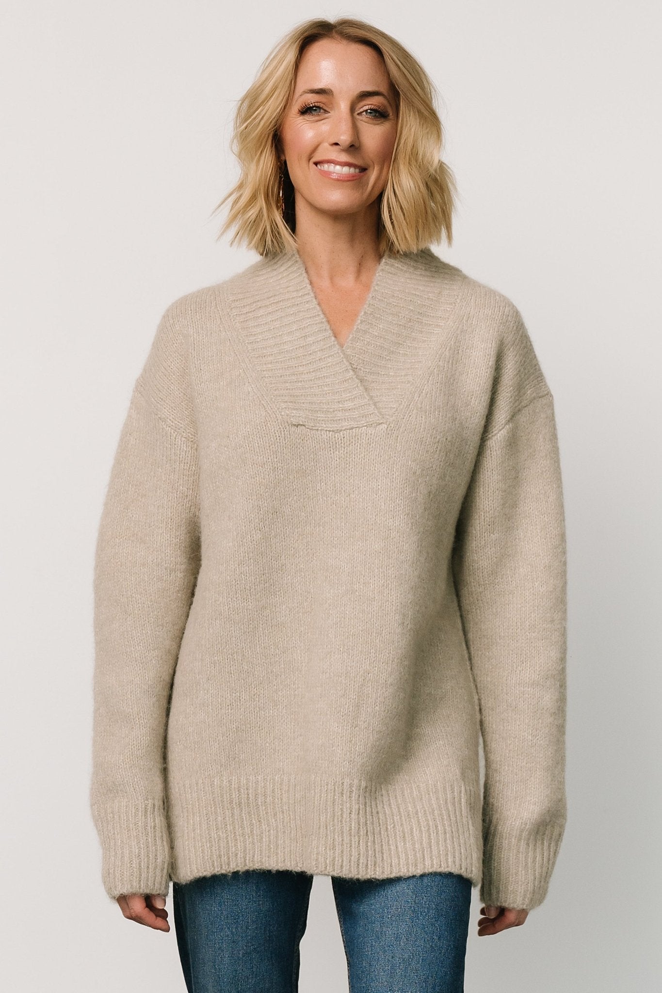 Oversized Knit Sweater in Oatmeal | Ribbed Neckline & Side Slits
