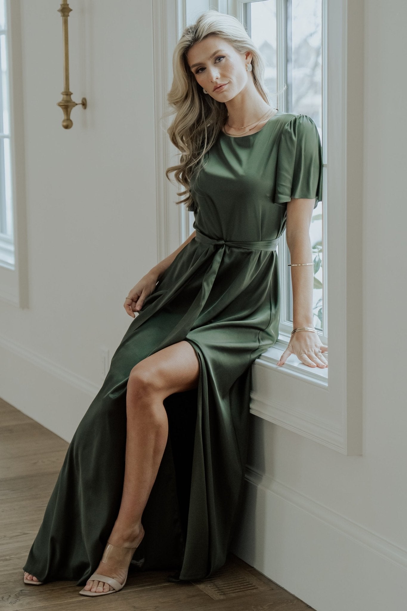 Juniper Green Satin Maxi Dress with Flutter Sleeves & Waist Tie | Agnes