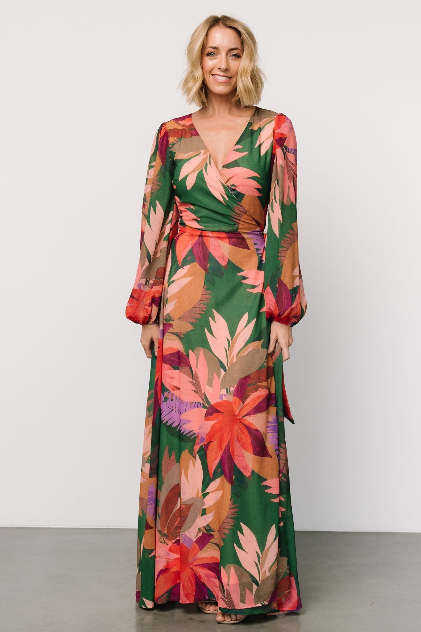 Wrap Maxi Dress with Surplice Neckline & Waist Tie | Green Floral
