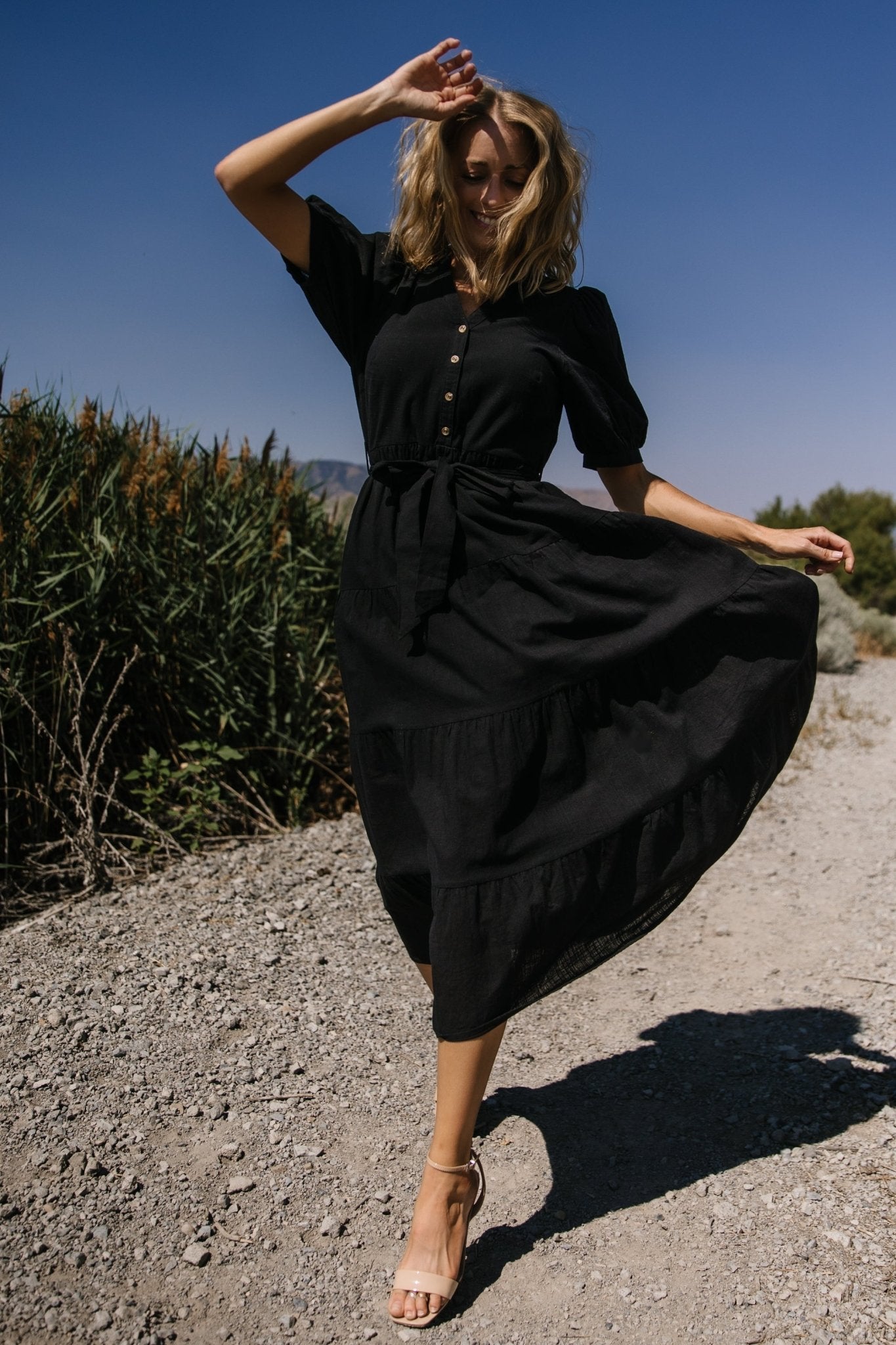 Black Cotton Maxi Dress with V-Neck & Side Pockets | Camille