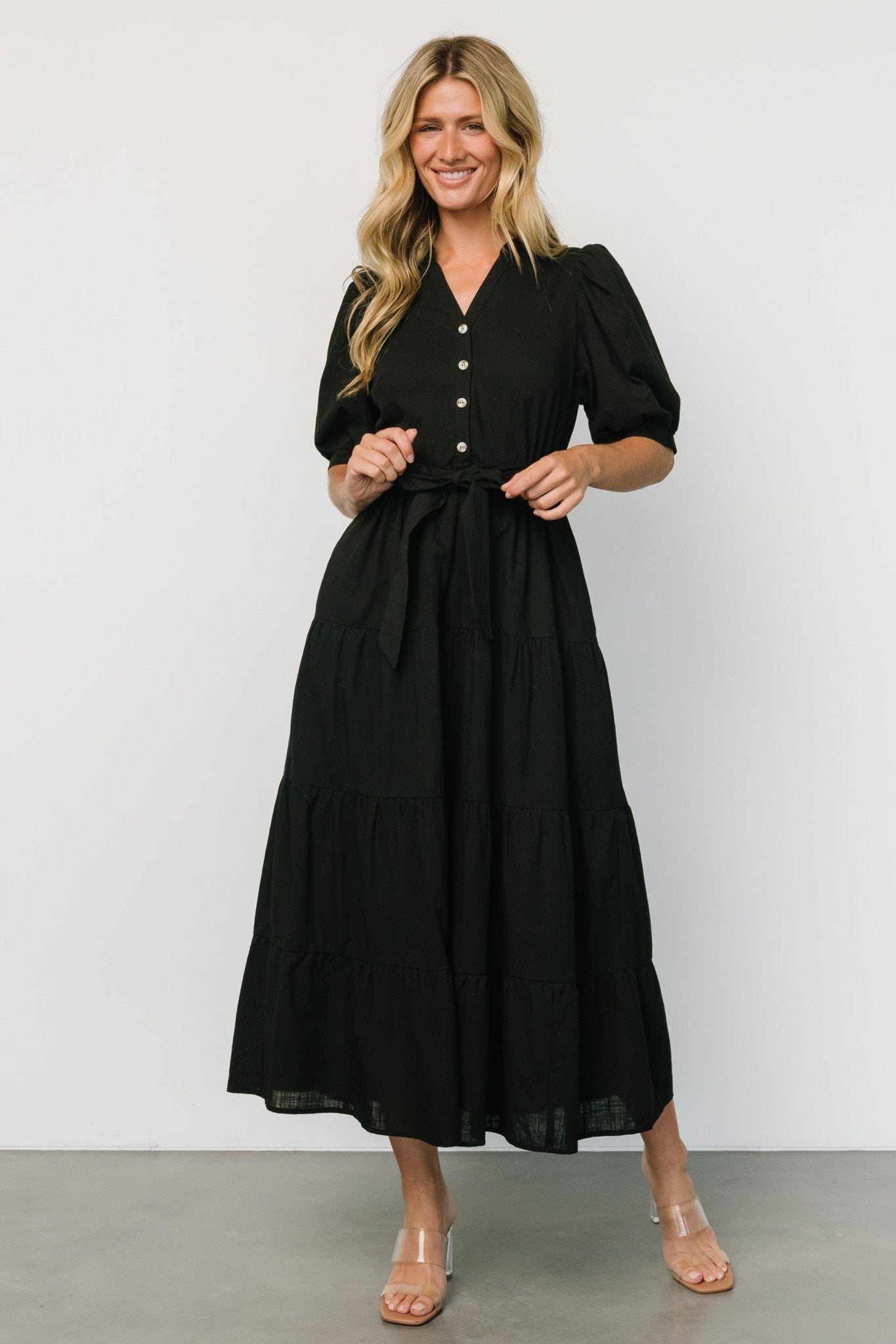 Black Cotton Maxi Dress with V-Neck & Side Pockets | Camille