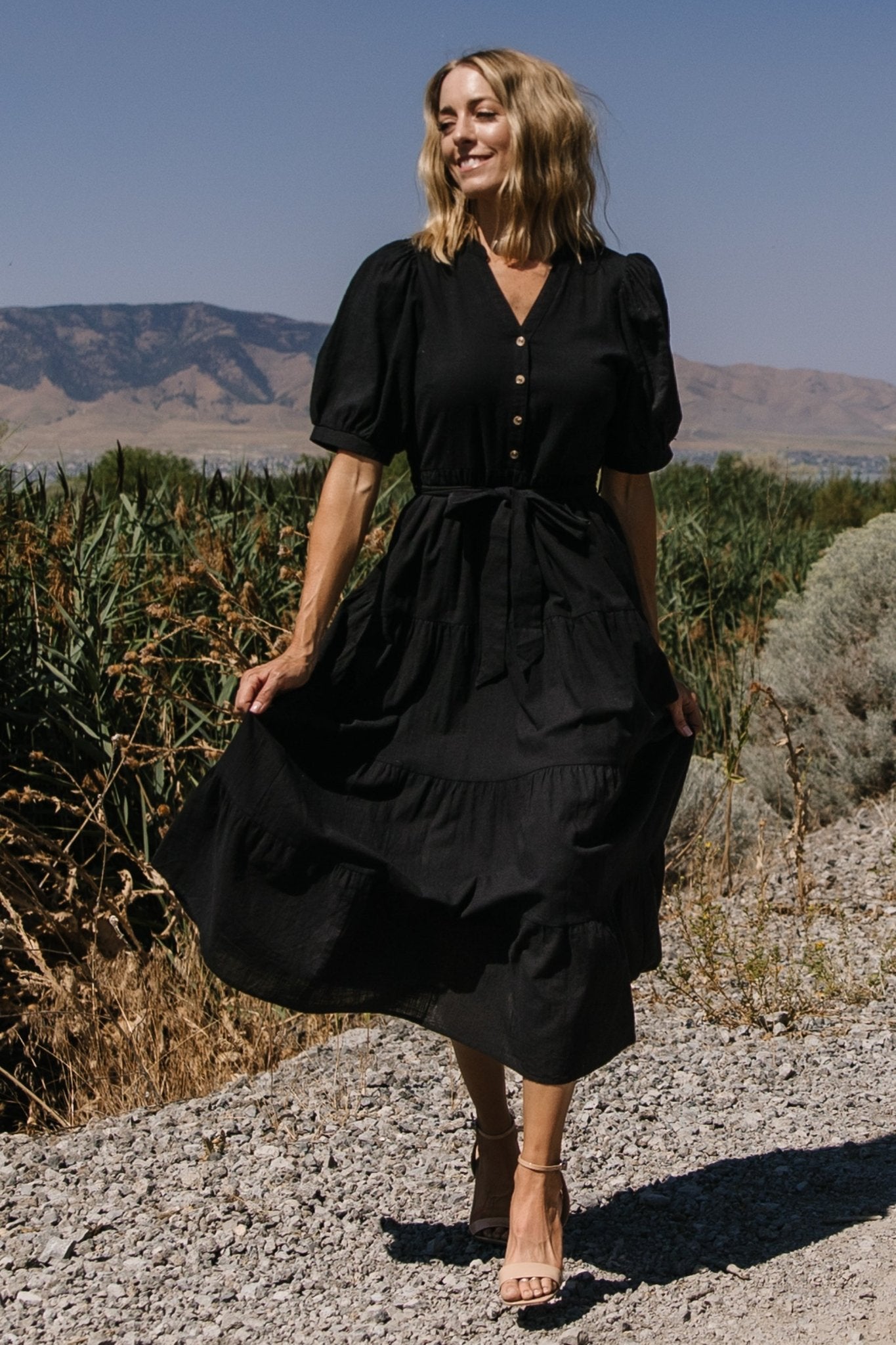 Black Cotton Maxi Dress with V-Neck & Side Pockets | Camille