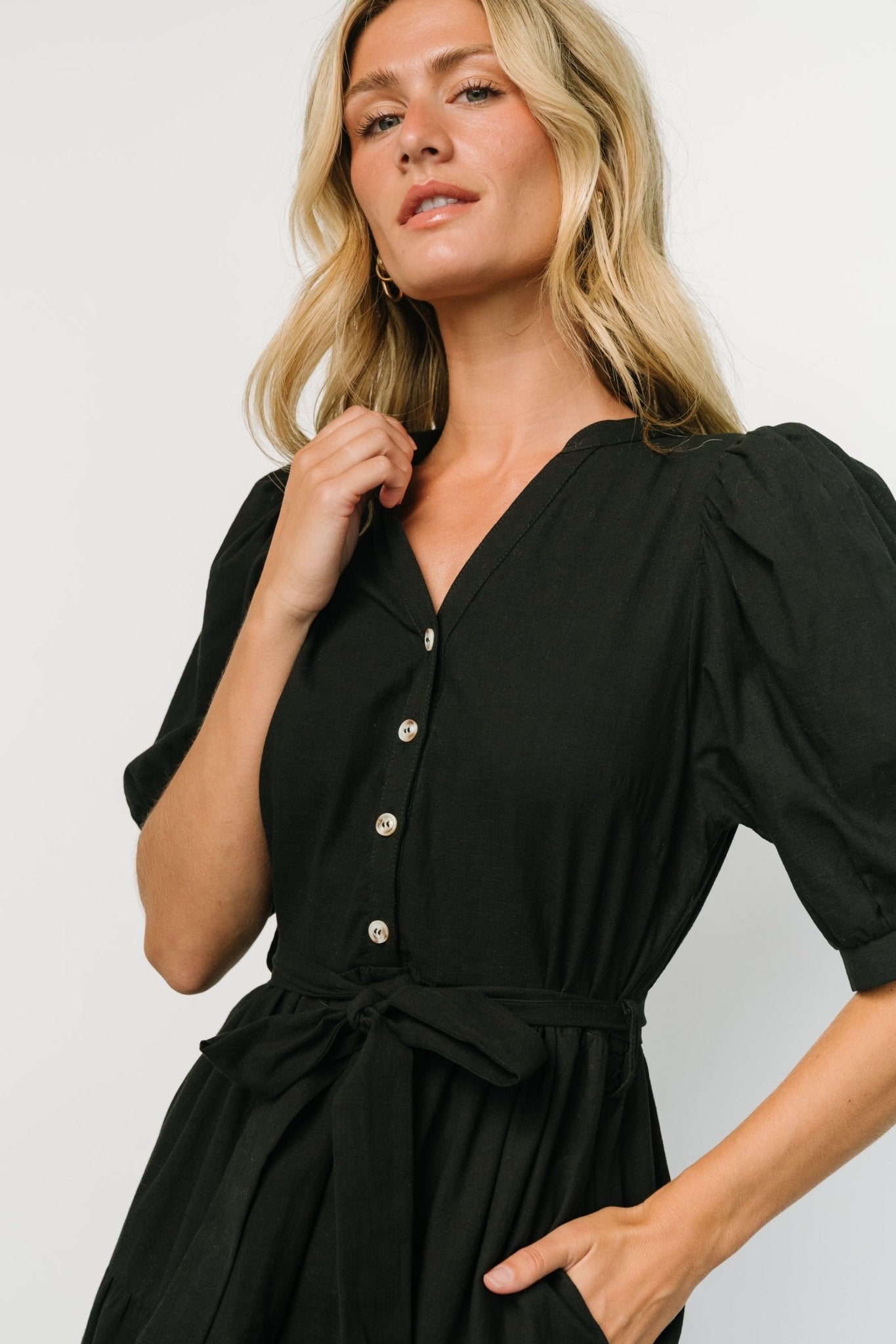 Black Cotton Maxi Dress with V-Neck & Side Pockets | Camille