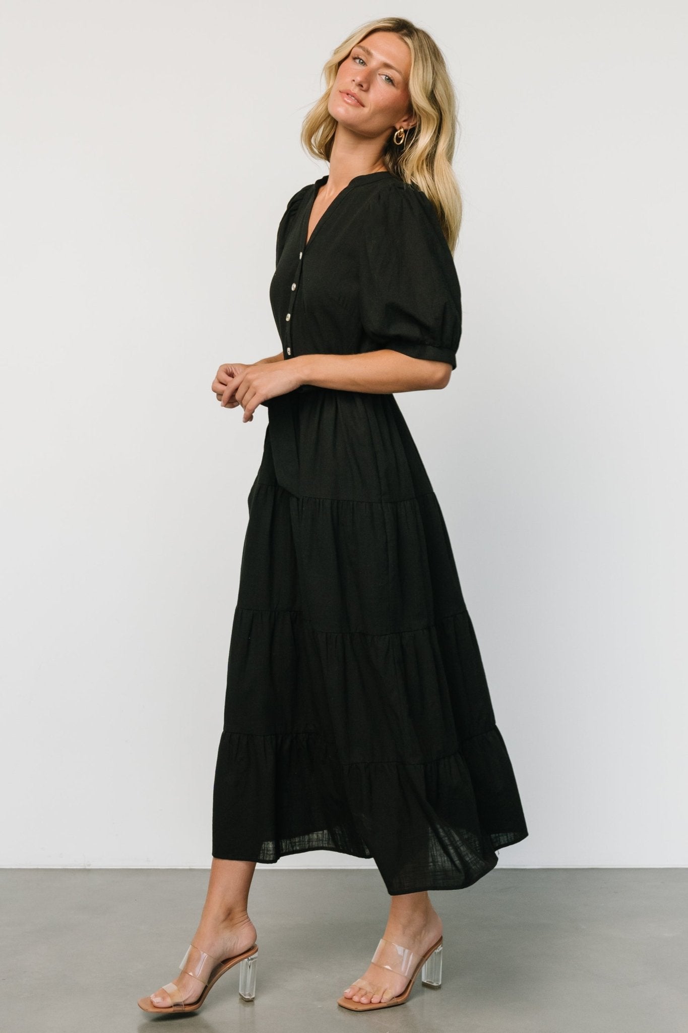 Black Cotton Maxi Dress with V-Neck & Side Pockets | Camille