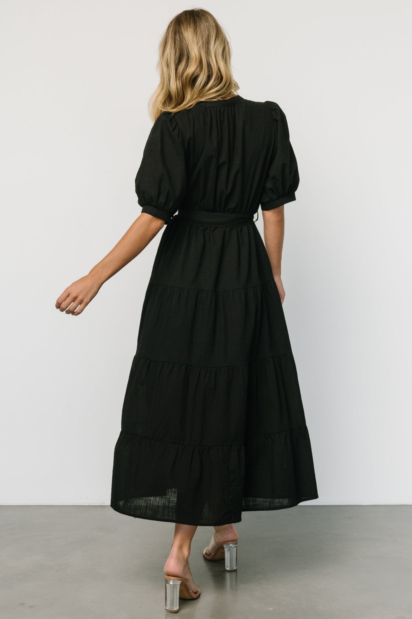 Black Cotton Maxi Dress with V-Neck & Side Pockets | Camille