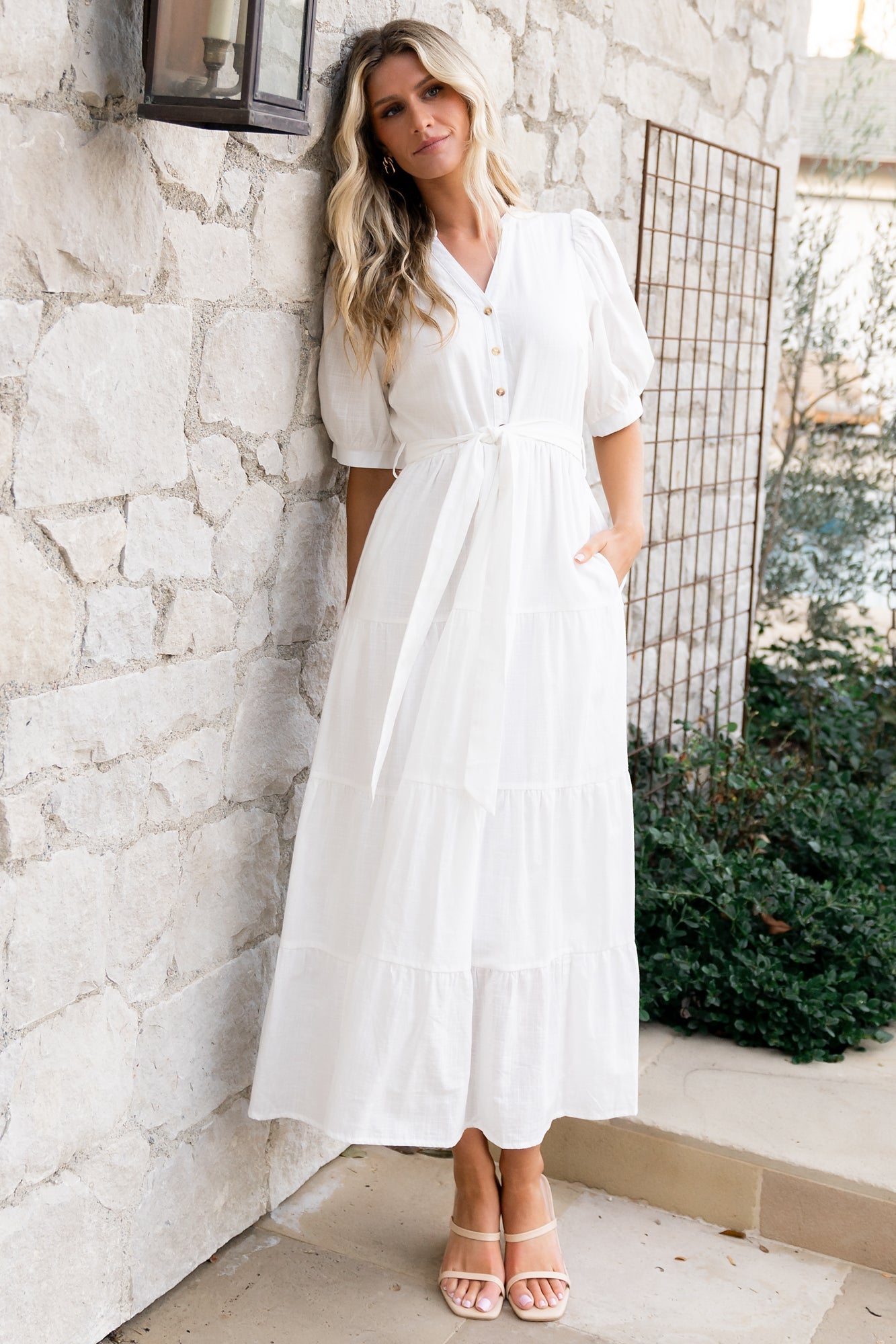 Off White Cotton Maxi Dress with V-Neck & Side Pockets | Baltic Born