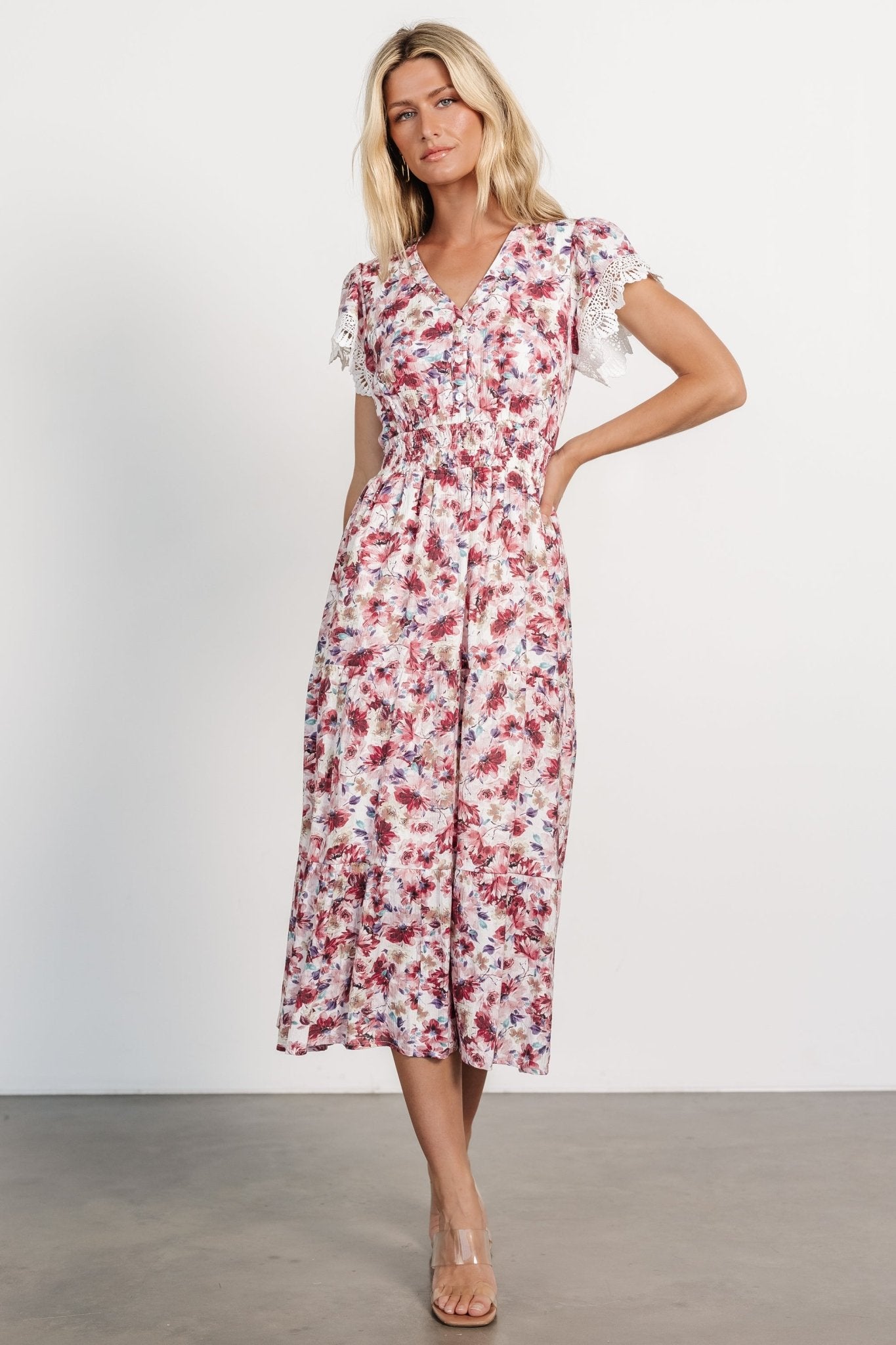 Floral Midi Dress with V-Neck & Lace Sleeves | Baltic Born