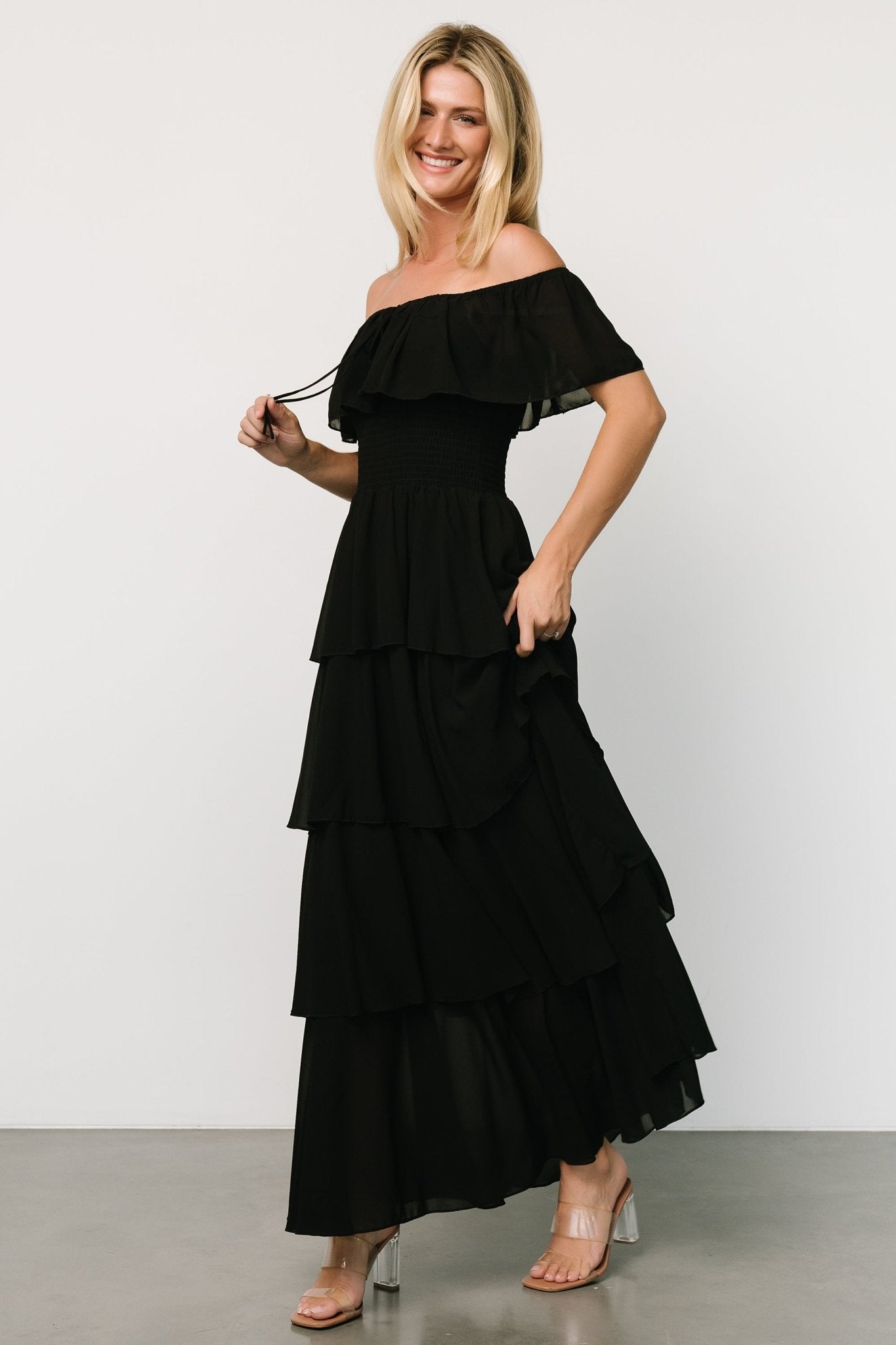 Off Shoulder Maxi Dress for Weddings | Lightweight Chiffon & Smocked Waist | Carina